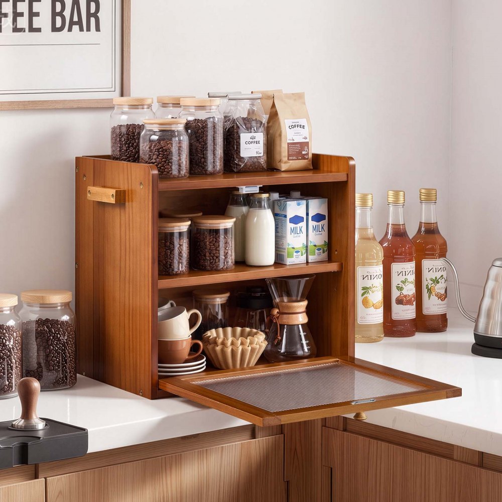 VEVOR Brooddoos met acryldeur 367 x 239 x 340 mm Brooddoos van grenenhoutbruin voor bagels, muffins en zelfgebakken brood, met zijhaken, ventilatiegaten en een in 3 standen verstelbare plank.