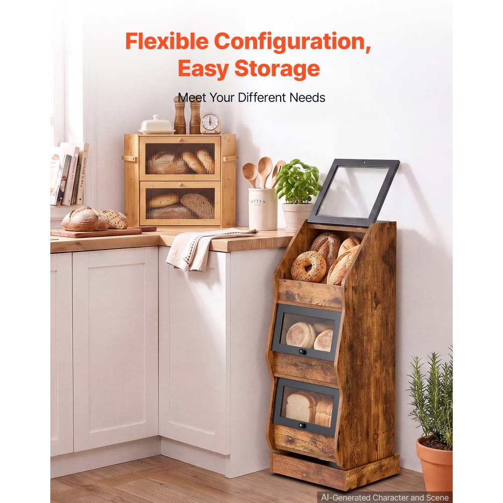 VEVOR vrijstaande broodkast/brooddoos met vier wielen, gemaakt van bruin MDF, ideaal voor bagels, muffins en zelfgebakken brood, schuifdeuren met handgrepen, transparant acrylvenster, 3 planken.