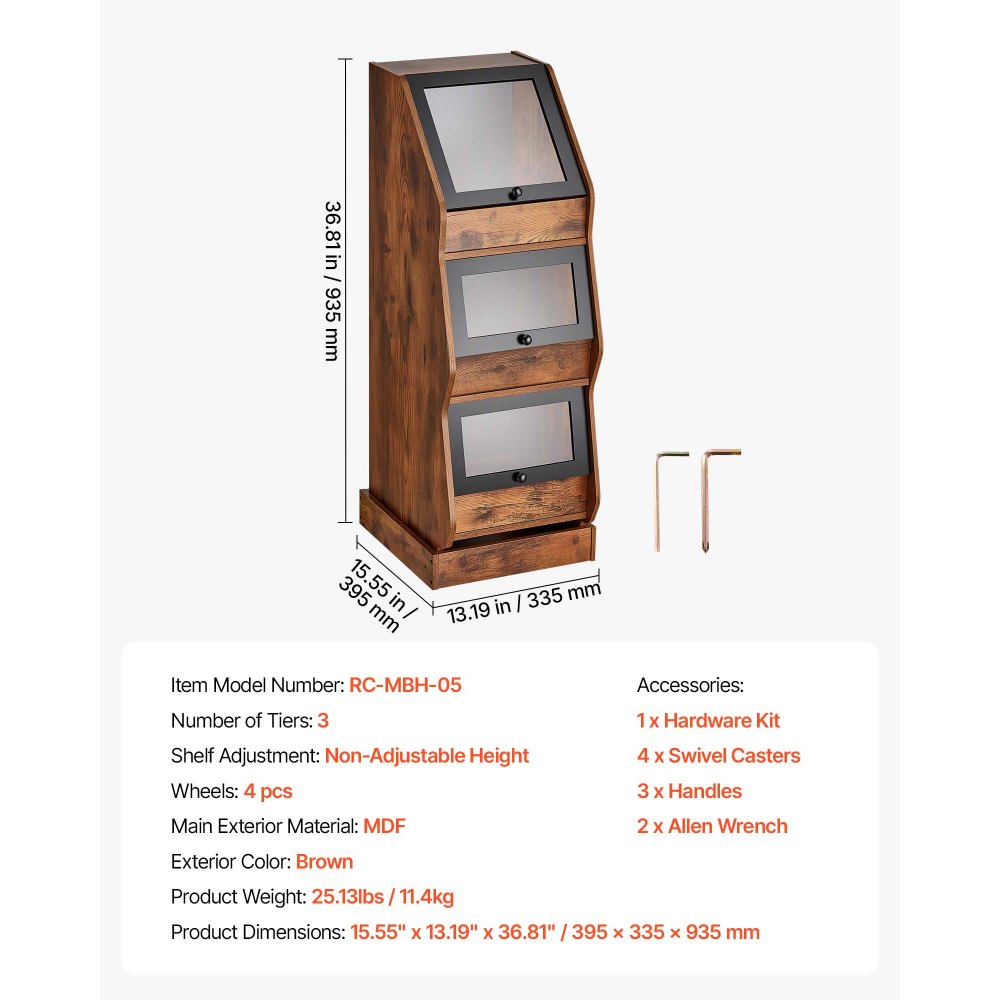 VEVOR vrijstaande broodkast/brooddoos met vier wielen, gemaakt van bruin MDF, ideaal voor bagels, muffins en zelfgebakken brood, schuifdeuren met handgrepen, transparant acrylvenster, 3 planken.