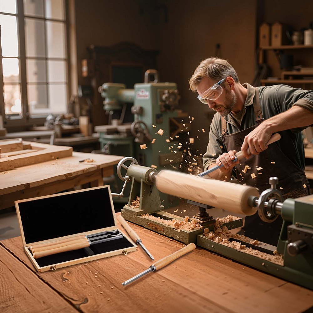 VEVOR houtbeitelset, 6-delige houtdraaibeitelset in een houten koffer, houtdraaibeitelset met diamant-, ronde en vierkante hardmetalen inzetstukken, Rockwell-hardheid 80-90