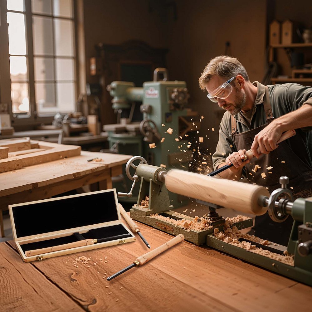 VEVOR 4-delige houtbeitelset in houten koffer, houtbeitelset met diamant-, ronde en vierkante hardmetalen inzetstukken, Rockwell-hardheid 80-90