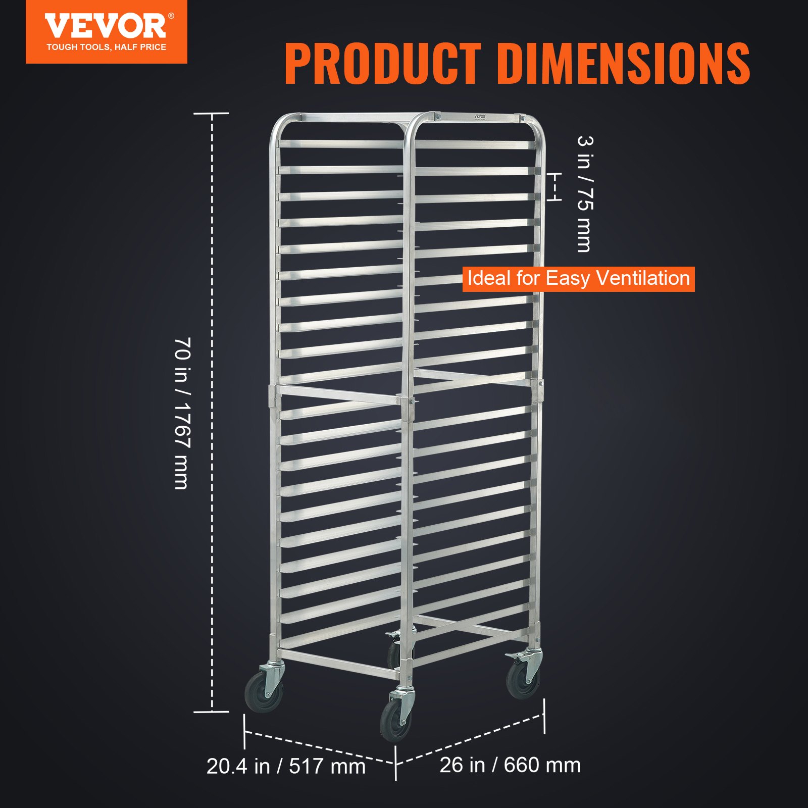 VEVOR 20-laags commerciële bakkerijstandaard met geremde wielen, aluminium rekkenwagen, laadvermogen broodbakapparatuur 240 kg, 660 x 517 x 1767 mm