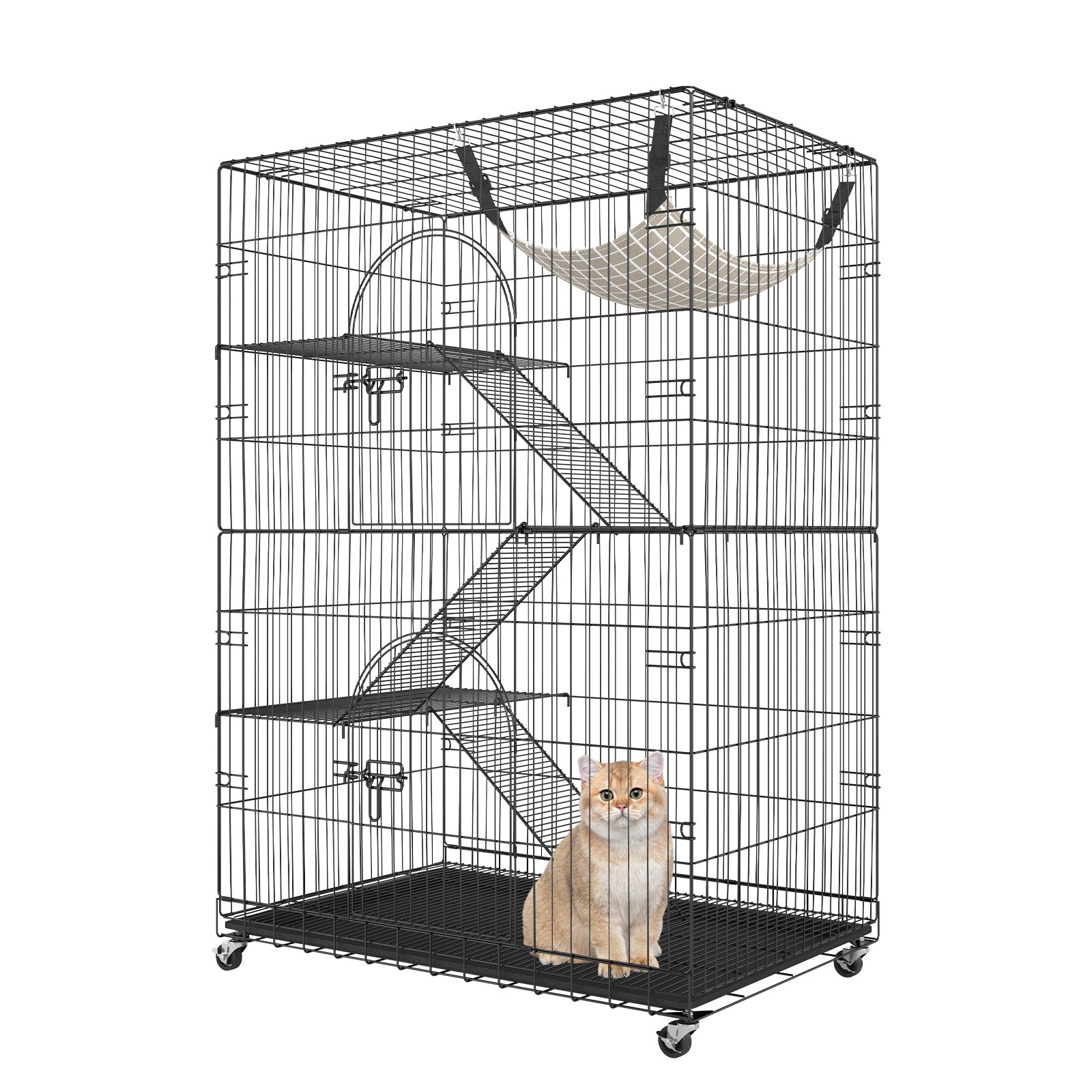 VEVOR Kattenkooi met 4 niveaus en 2 deuren Kattenverblijf 900x600x1330mm Kooi voor kleine dieren van ijzer met geverfd oppervlak Knaagdierkooi met 3 ladders Ideaal voor katten en andere kleine dieren