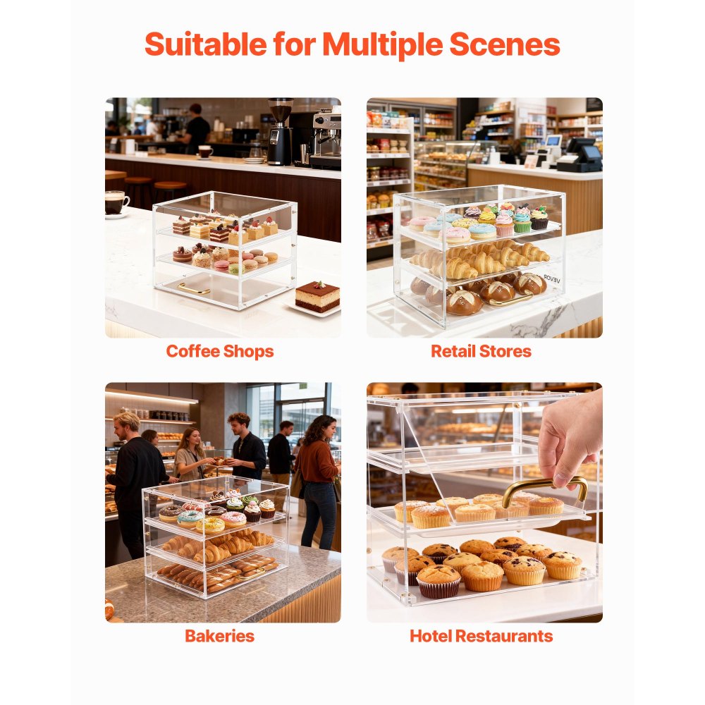 VEVOR 3-laags gebaksvitrine, commerciële bakkerijvitrine van transparant acryl, toonbankvitrine met scharnierende deur en verwijderbare tussenschotten voor koekjes, desserts en donuts, 33 x 26 x 26 cm