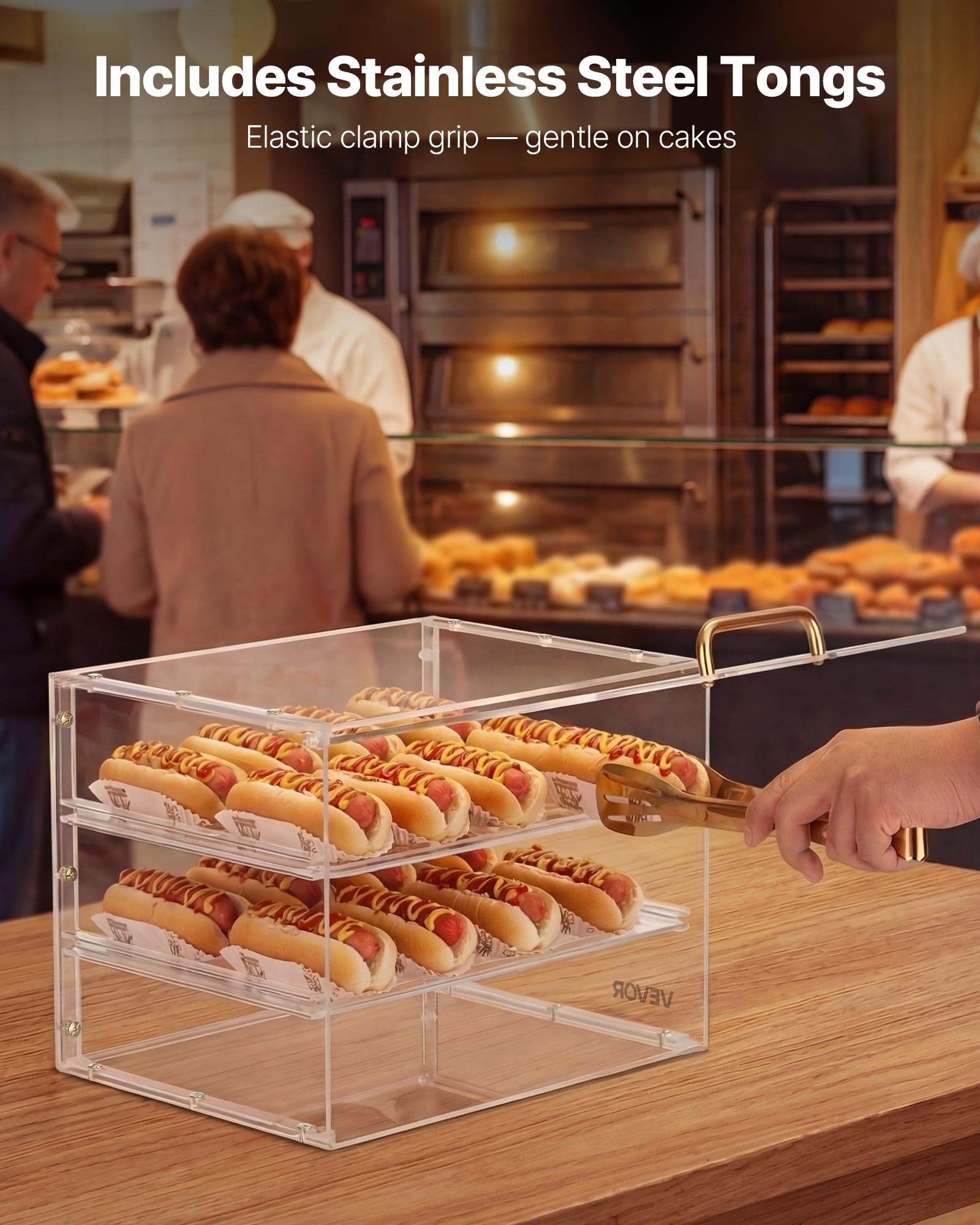 VEVOR 3-laags gebaksvitrine, commerciële bakkerijvitrine van transparant acryl, toonbankvitrine met scharnierende deur en verwijderbare tussenschotten voor koekjes, desserts en donuts, 33 x 26 x 26 cm