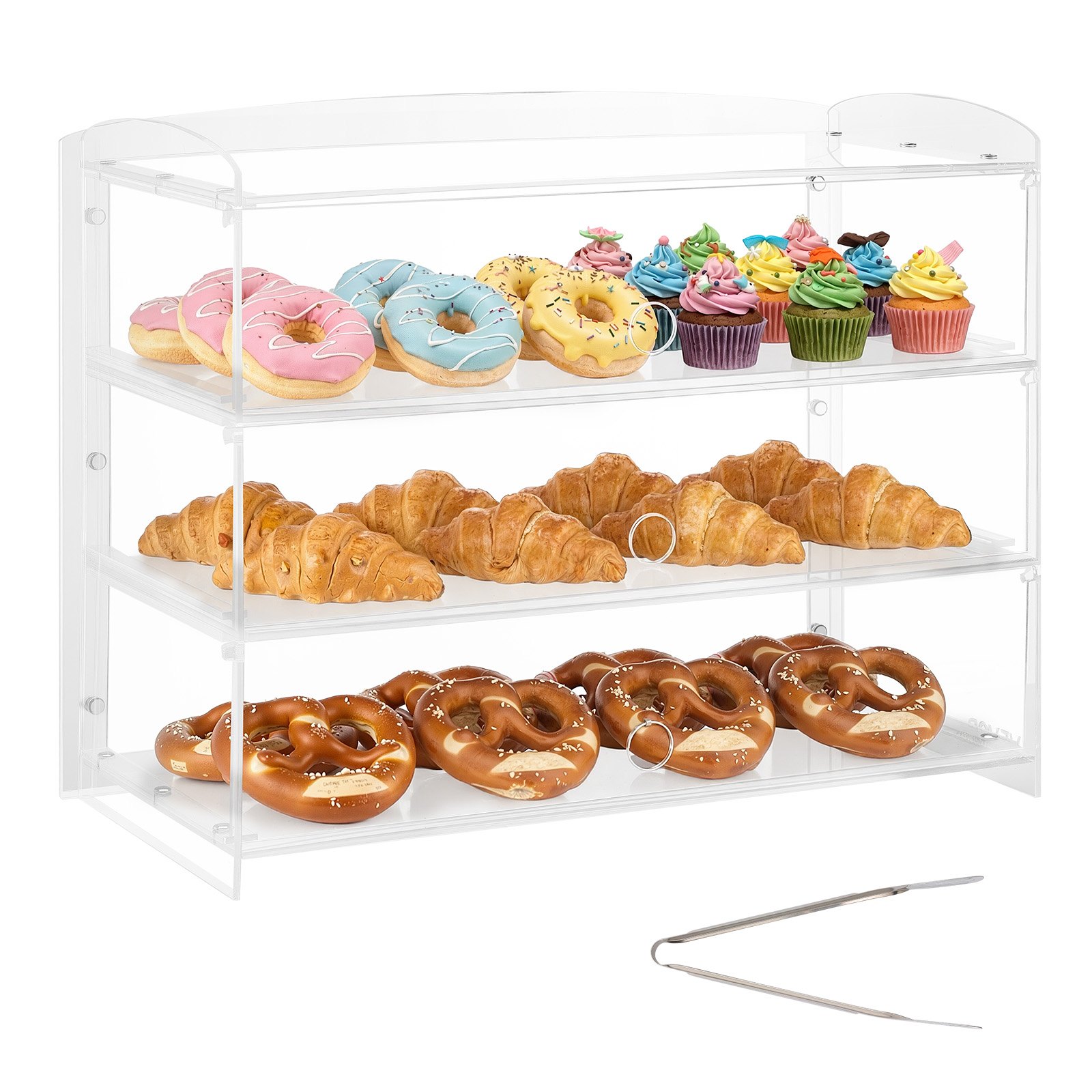 VEVOR 3-laags gebaksvitrine, commerciële bakkerijvitrine van transparant acryl, toonbankvitrine met scharnierende deur en verwijderbare tussenschotten voor koekjes, desserts en donuts, 482 x 232 x 380 mm