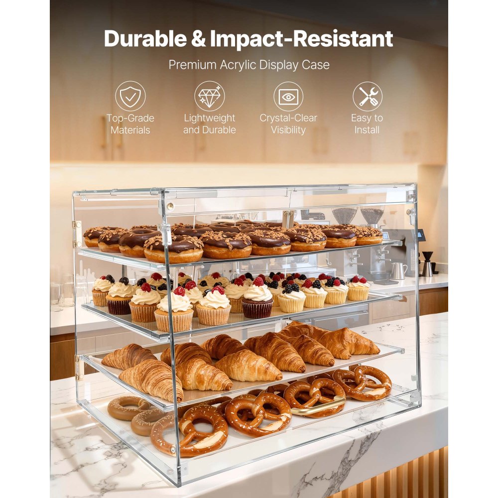 VEVOR 4-laags gebaksvitrine, commerciële bakkerijvitrine van transparant acryl, toonbankvitrine met magnetische achterdeur en verwijderbare tussenschotten voor koekjes, desserts en donuts, 530 x 435 x 415 mm
