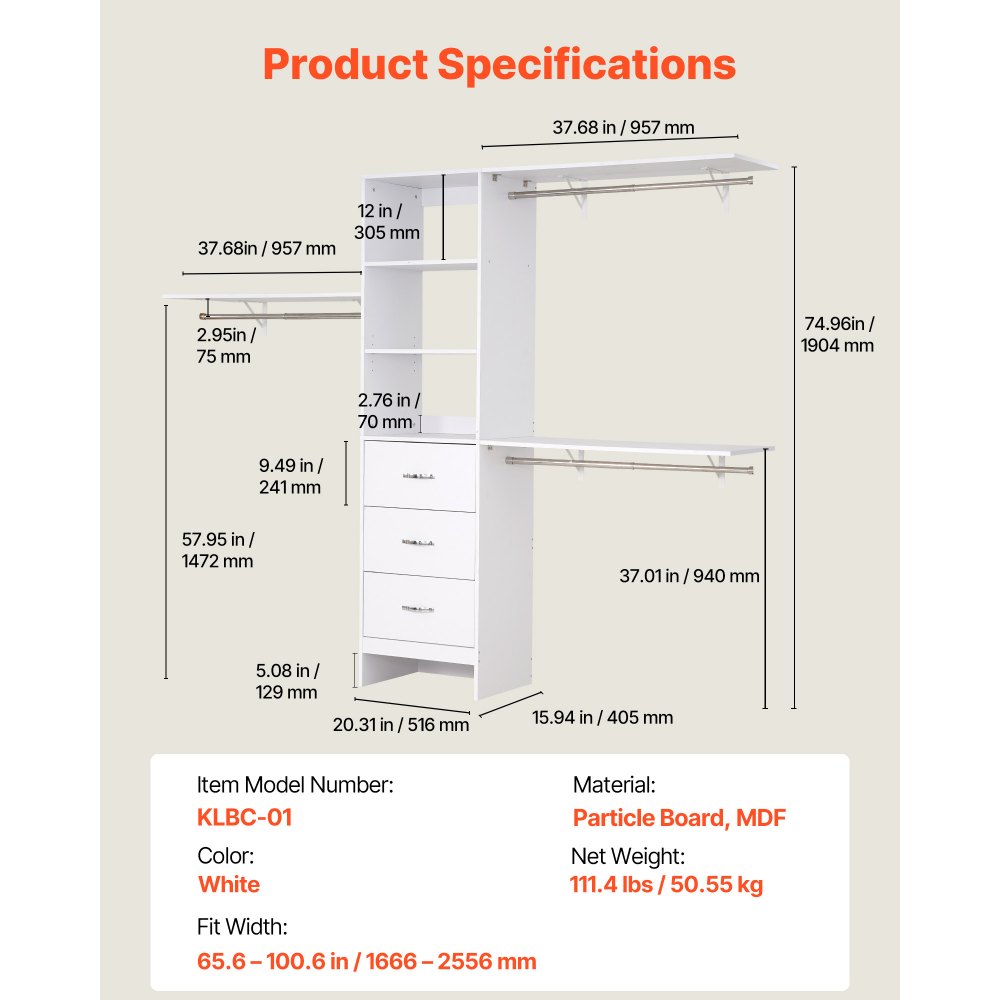 VEVOR Closet System with 3 Drawers, Adjustable Height Wooden Closet Organizers, Modern Walk-in Wardrobe Organization with 3 Retractable Clothes Hanger Rods, Freestanding Garment Rack Storage, White