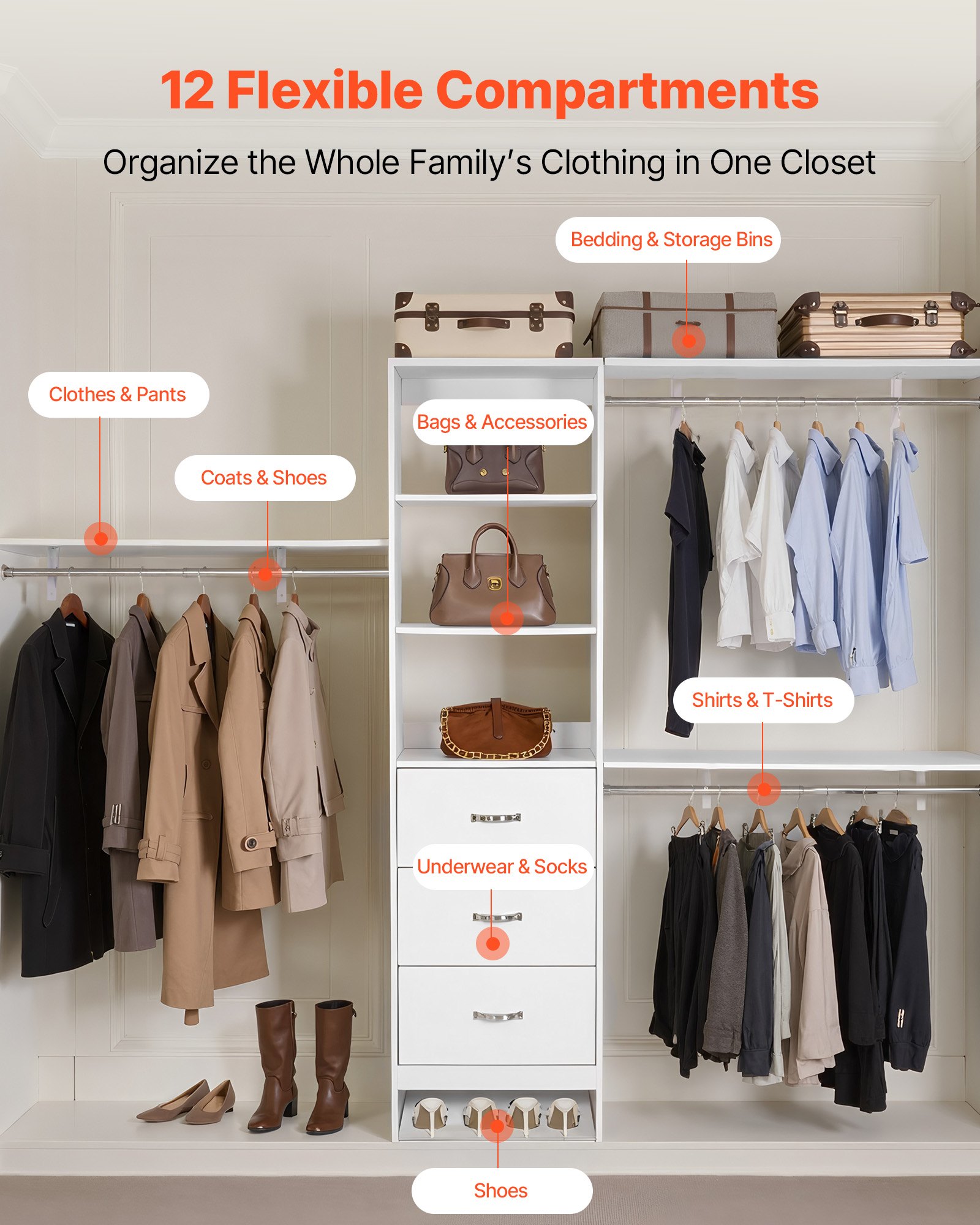 VEVOR Closet System with 3 Drawers, Adjustable Height Wooden Closet Organizers, Modern Walk-in Wardrobe Organization with 3 Retractable Clothes Hanger Rods, Freestanding Garment Rack Storage, White