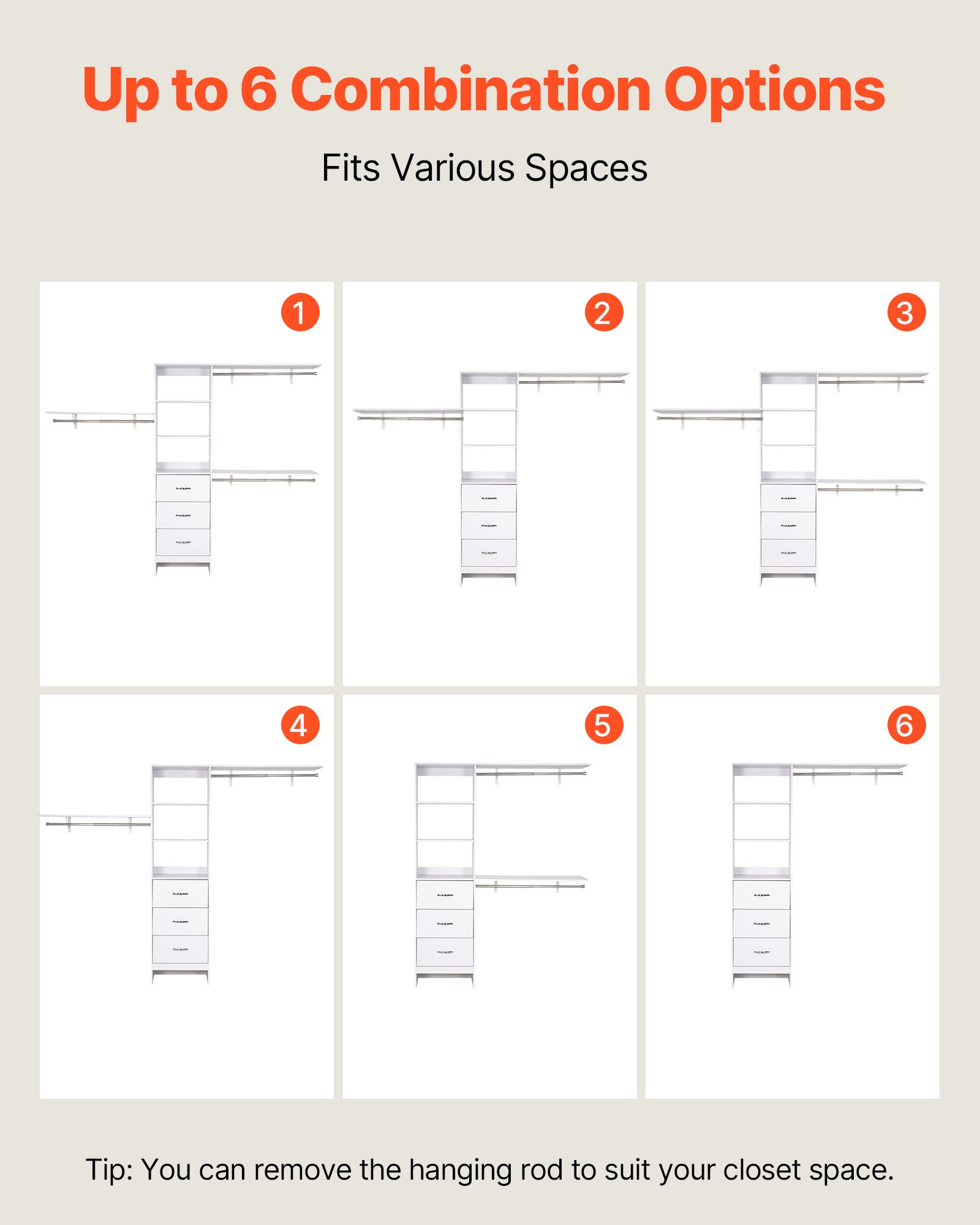 VEVOR Closet System with 3 Drawers, Adjustable Height Wooden Closet Organizers, Modern Walk-in Wardrobe Organization with 3 Retractable Clothes Hanger Rods, Freestanding Garment Rack Storage, White