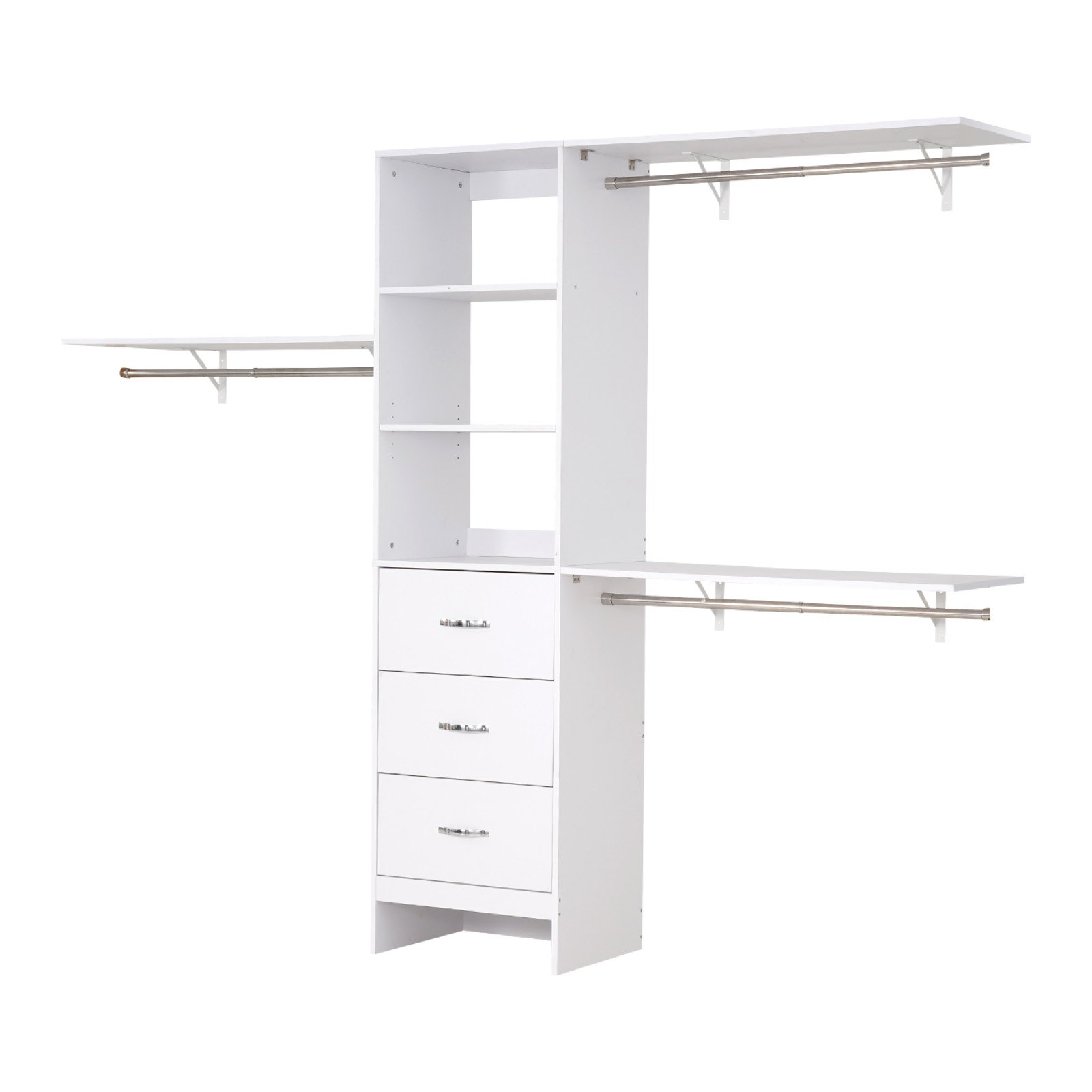 VEVOR Closet System with 3 Drawers, Adjustable Height Wooden Closet Organizers, Modern Walk-in Wardrobe Organization with 3 Retractable Clothes Hanger Rods, Freestanding Garment Rack Storage, White