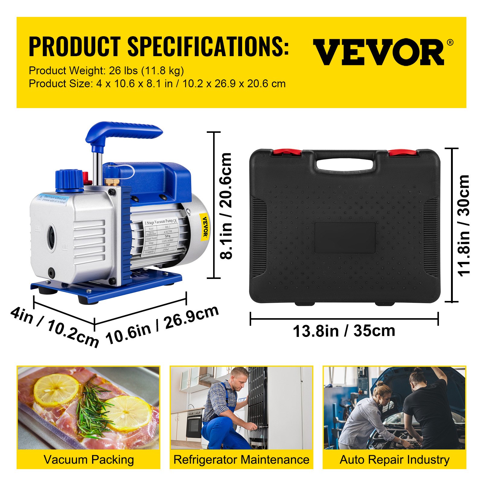 VEVOR vacuümpomp voor airconditioningsystemen, 136 l/min, vacuümpomp voor koeltechniek HVAC 1/3 HP met 4-weg manometerkit en slang 1440 rpm, draagkoffer voor auto-airconditioningsystemen en koeltechniek