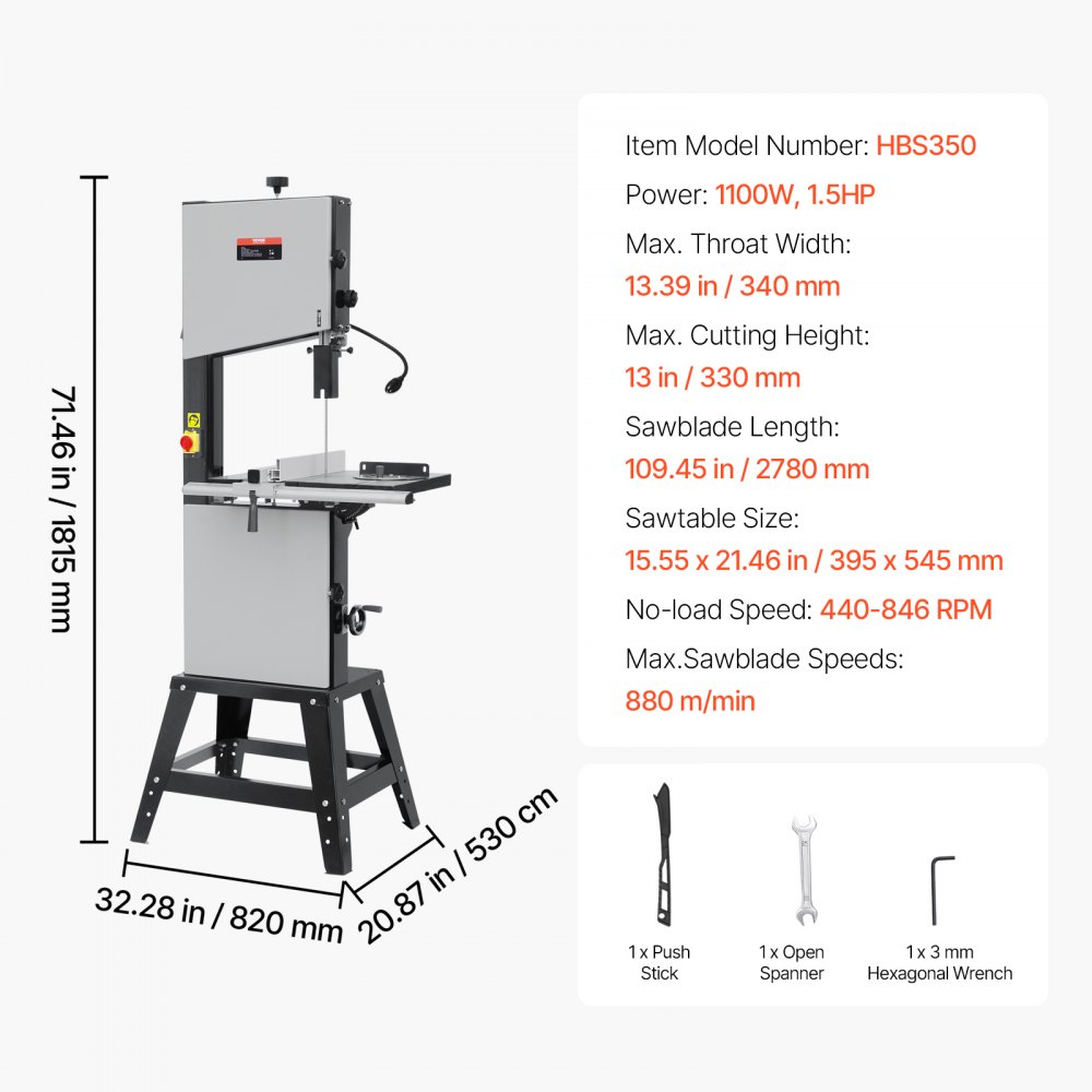 VEVOR lintzaag, 340 mm, tafelzaag met onderstel, traploos instelbare snelheid van 440–846 tpm, 1100 W 1,5 pk, 220 V, voor het bewerken van aluminium, hout, metaal en koper.