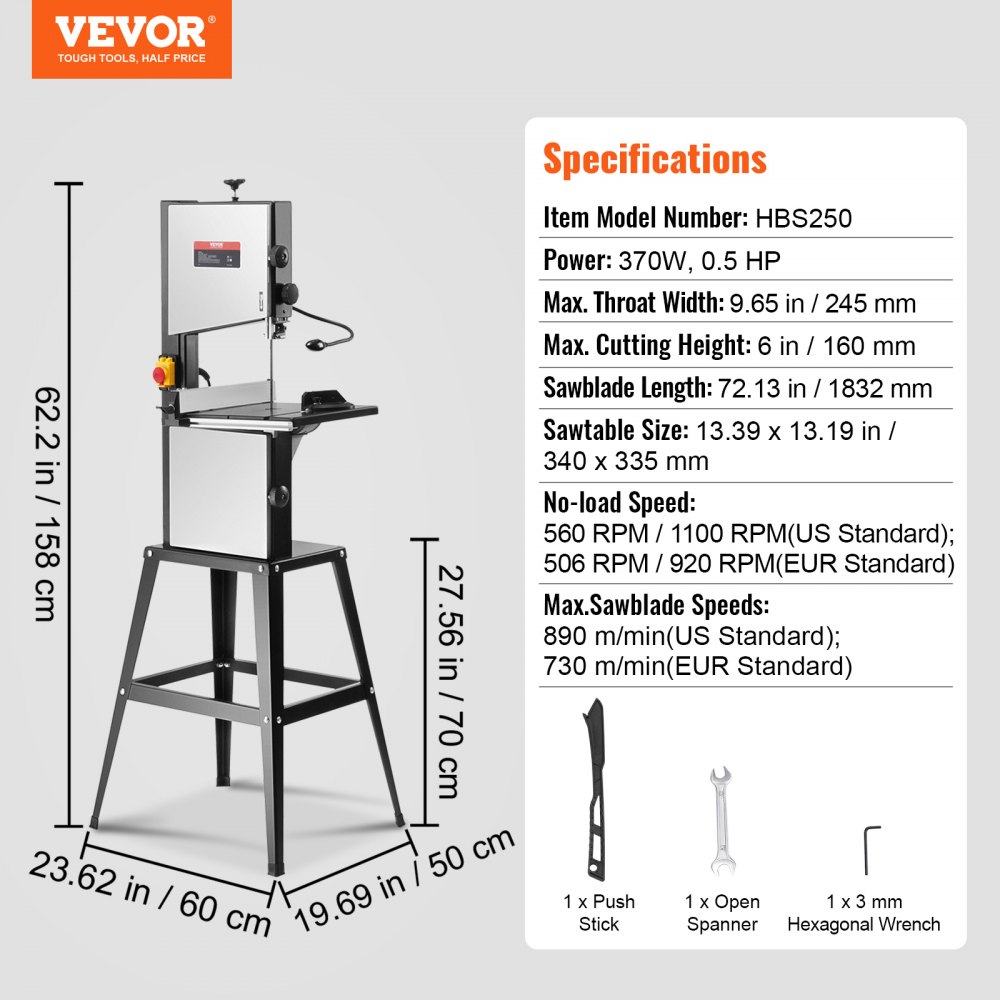 VEVOR Band Saw with Stand, 9.65-Inch, 506 RPM / 920 RPM Two-Speed Benchtop Bandsaw, 370W 1/2HP Motor 6'' Cutting Height 72.13'' Sawblade Length, with Fence and Miter Gauge, for Woodworking Aluminum Plastic