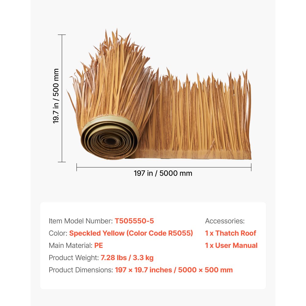 VEVOR Artificial Thatch Grass Roof, 1.6 x 16.4 ft Mexican Style Tiki Bar Hut Skirt Thatch Roofing Roll, Waterproof & Fire-Resistant, Palapa Duck Blind Grass for Patio Pool Beach Hawaiian Party Décor
