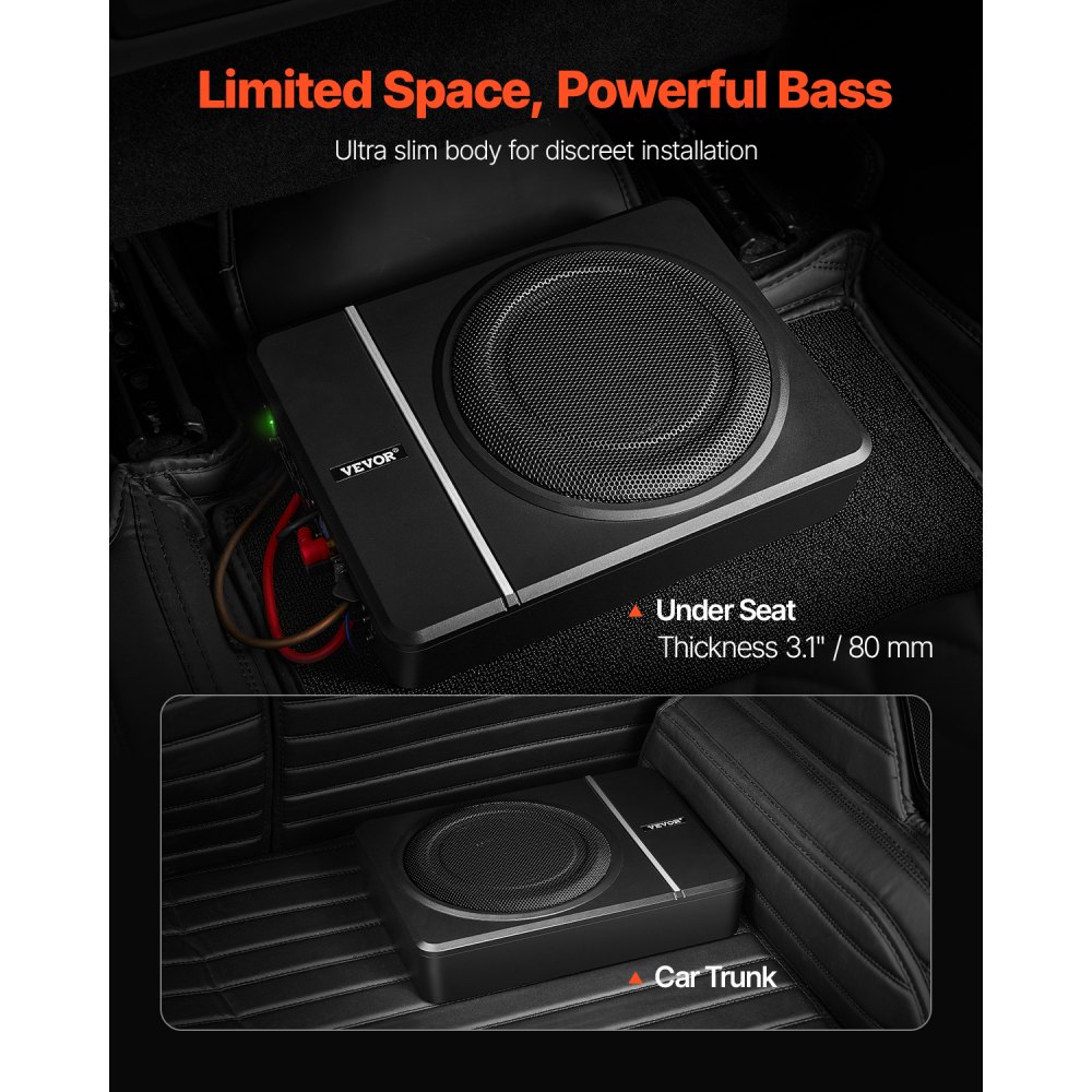 VEVOR Subwoofer voor onder de autostoel, 120W RMS vermogen, inclusief voeding, subsysteem met ingebouwde versterker, hoge/lage ingang en volumeregeling voor SUV's, trucks en campers.
