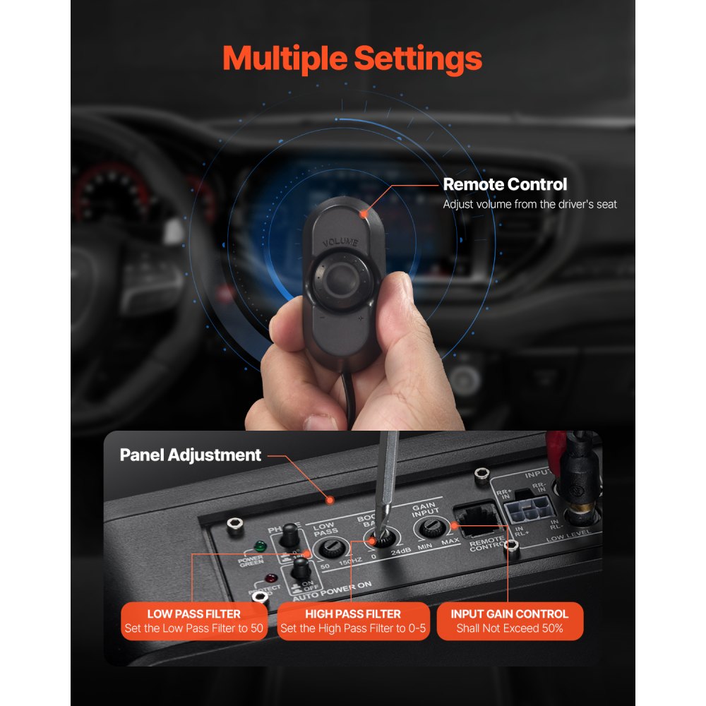 VEVOR Subwoofer voor onder de autostoel, 120W RMS vermogen, inclusief voeding, subsysteem met ingebouwde versterker, hoge/lage ingang en volumeregeling voor SUV's, trucks en campers.