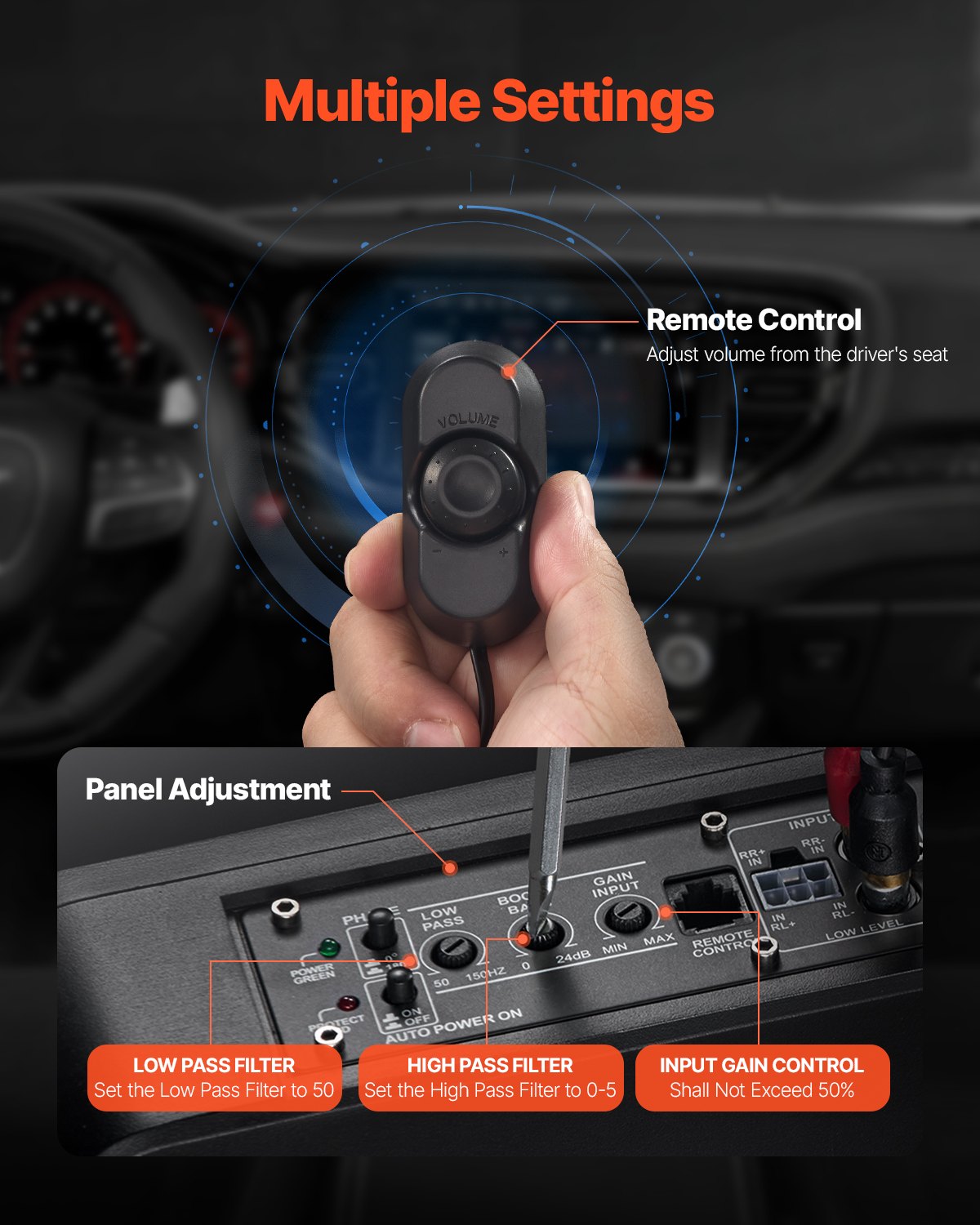 VEVOR Subwoofer voor onder de autostoel, 120W RMS vermogen, inclusief voeding, subsysteem met ingebouwde versterker, hoge/lage ingang en volumeregeling voor SUV's, trucks en campers.