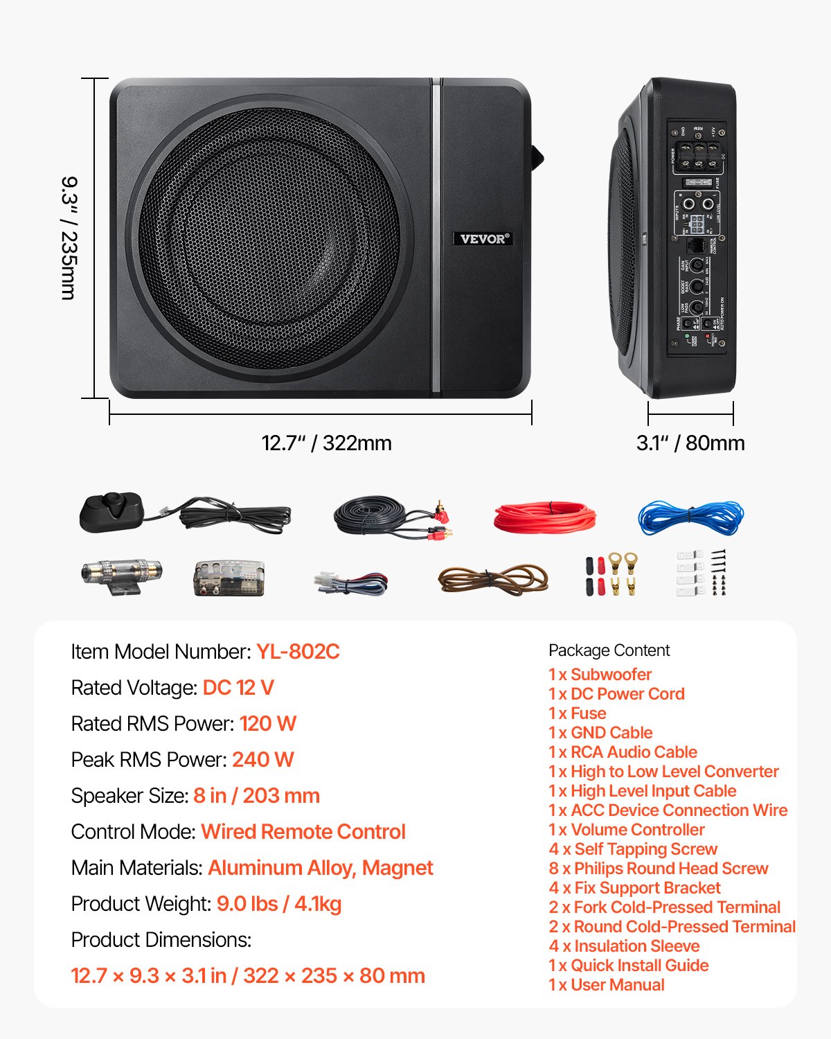 VEVOR Subwoofer voor onder de autostoel, 120W RMS vermogen, inclusief voeding, subsysteem met ingebouwde versterker, hoge/lage ingang en volumeregeling voor SUV's, trucks en campers.