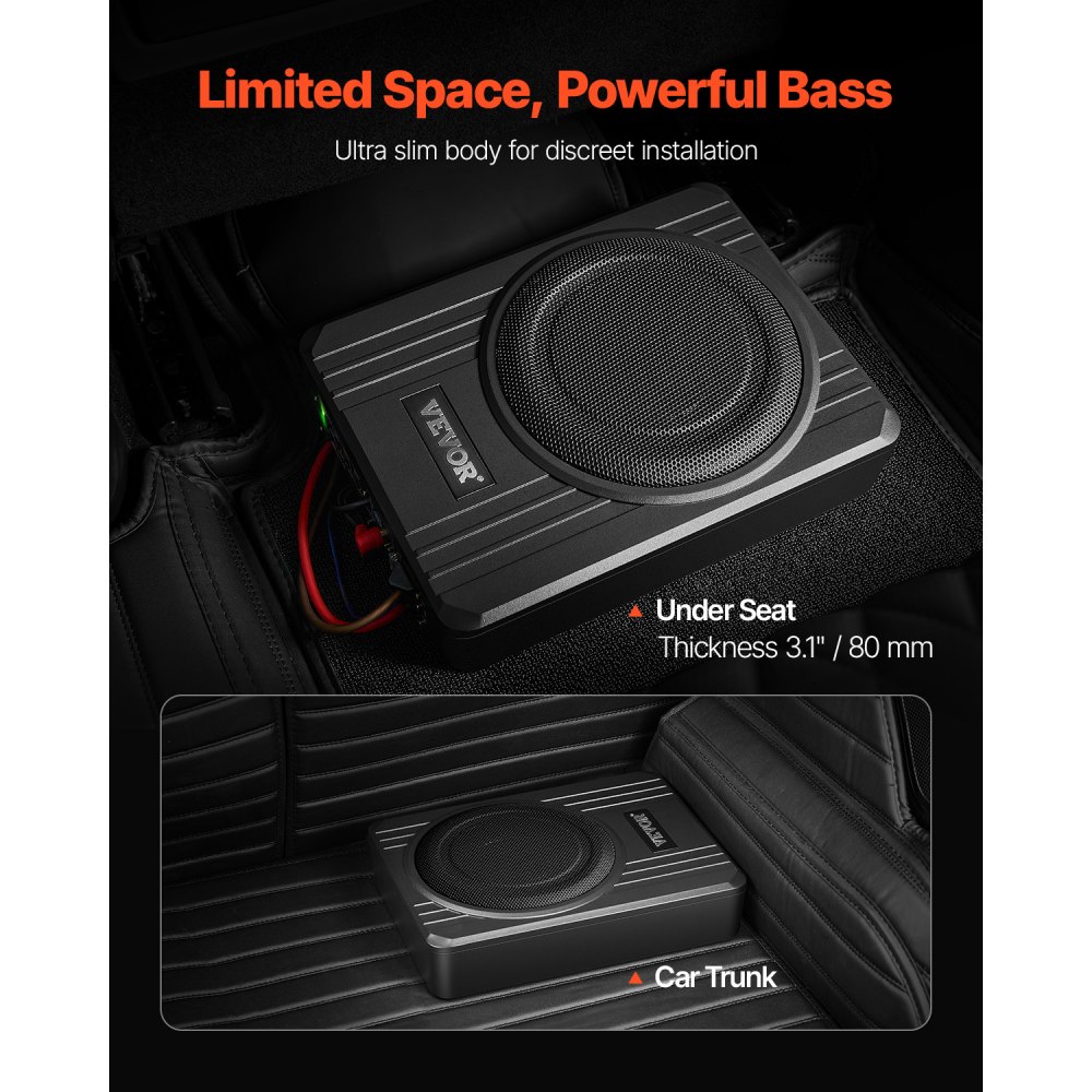 VEVOR Subwoofer voor onder de stoel, 400W, 203 mm, slank, met voeding, subsysteem met ingebouwde versterker, hoge/lage ingang en volumeregeling voor SUV's en vrachtwagens.