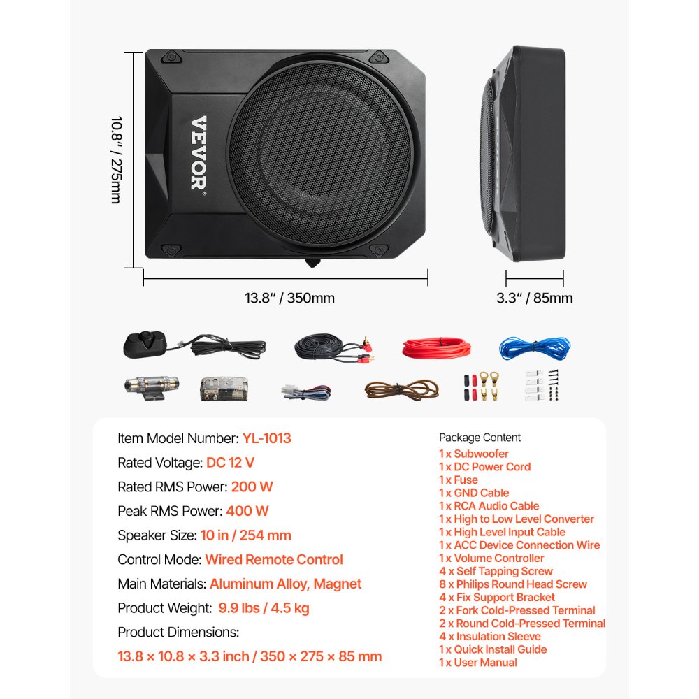 VEVOR 10" 400W Underseat Car Subwoofer, Slim Powered Car Subwoofers Under the Seat, Low Profile Audio Sub Built-in Amplifier, High/Low Level Input & Volume Controller for SUVs, Car, Truck, RV