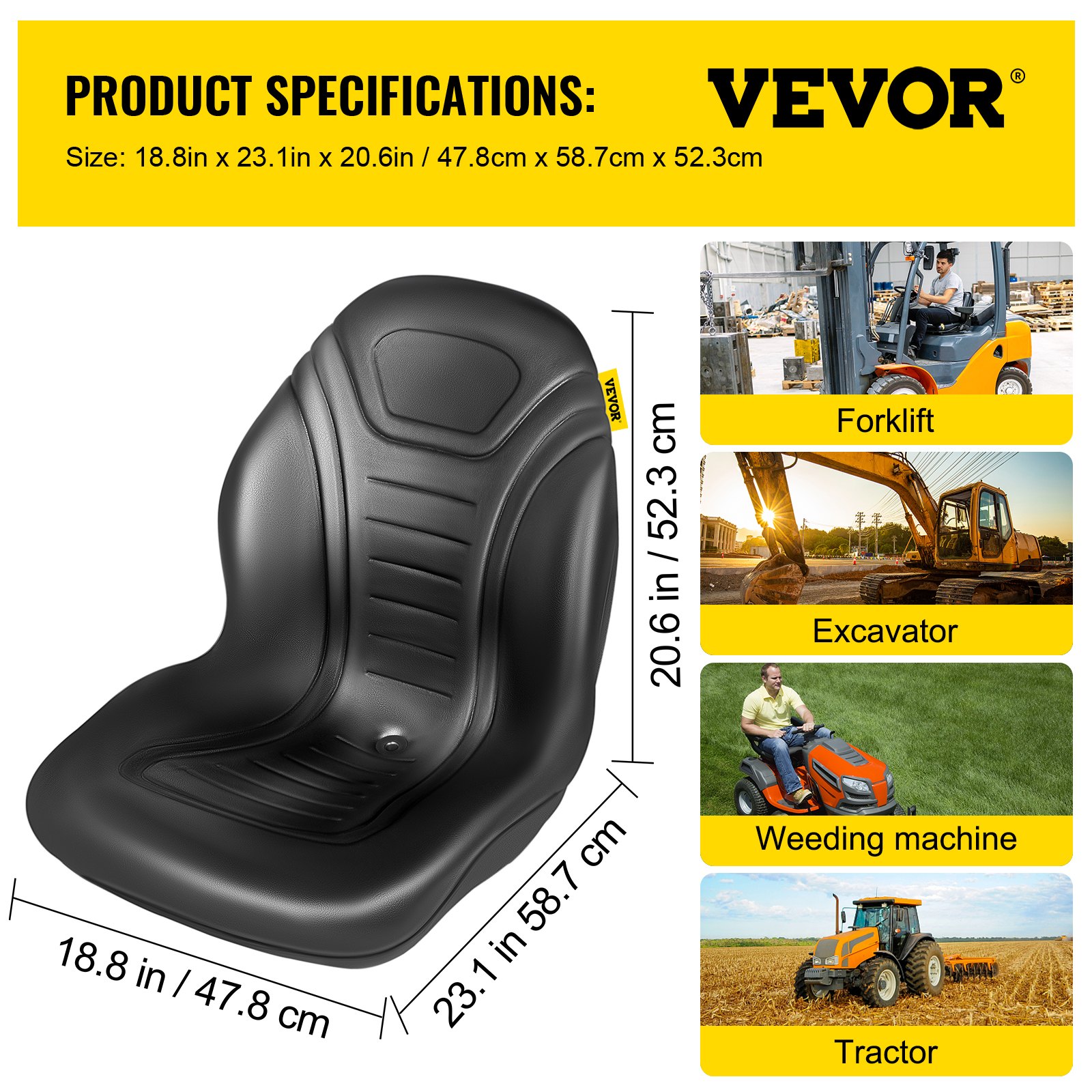 VEVOR heftruckstoel, set van 2, tractorstoel met hoge rugleuning, compacte tractorstoel, zwart vinyl, heftruckstoel met afvoergaten, comfortabele heftruckstoel voor laders, graafmachines en grasmaaiers