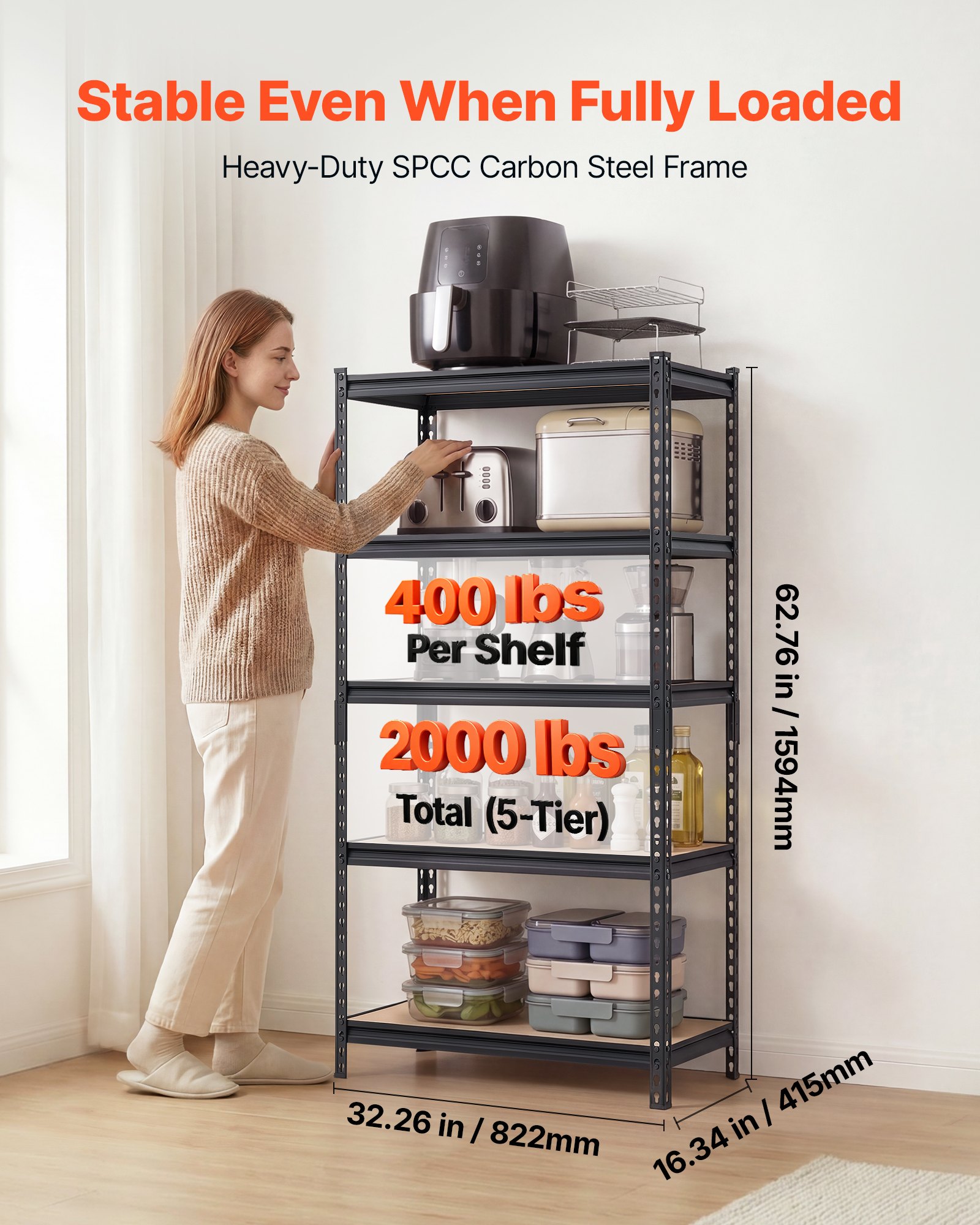 VEVOR zwaar uitgevoerde opbergkast 822x415x1594mm, draagvermogen 907,2kg, stalen frame, 5 verstelbare MDF-planken, modulaire opbergkast te gebruiken als werkbank, flexibele metalen opbergkast voor kelder, garage, werkplaats