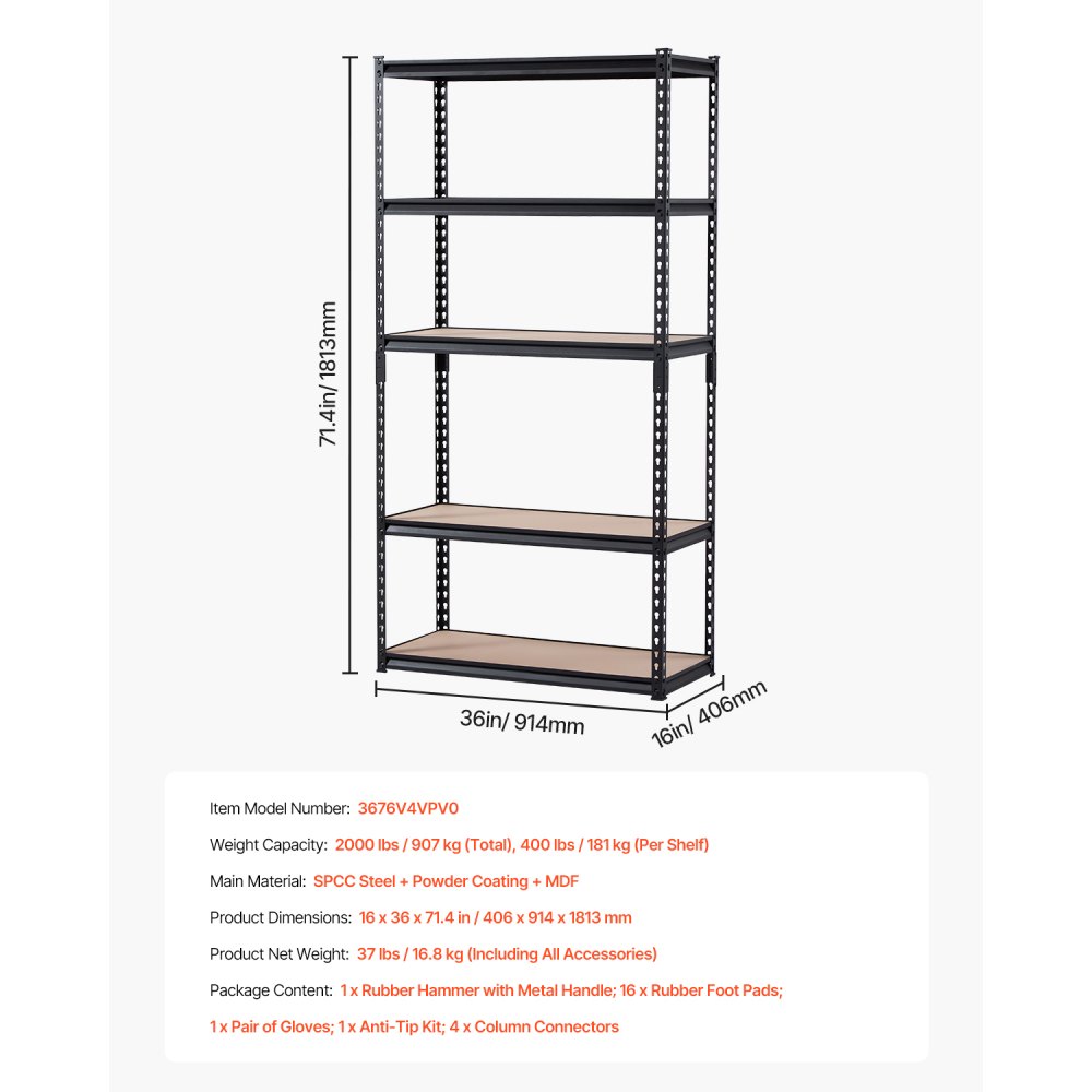 VEVOR Storage Shelves, 2000 lbs, 5 Tier Garage Storage Shelving, 16" D x 36" W x 71.4" H Adjustable Metal Shelves for Garage Shelves Utility Rack Shelf, Ideal for Kitchen, Warehouse, Basement, Black