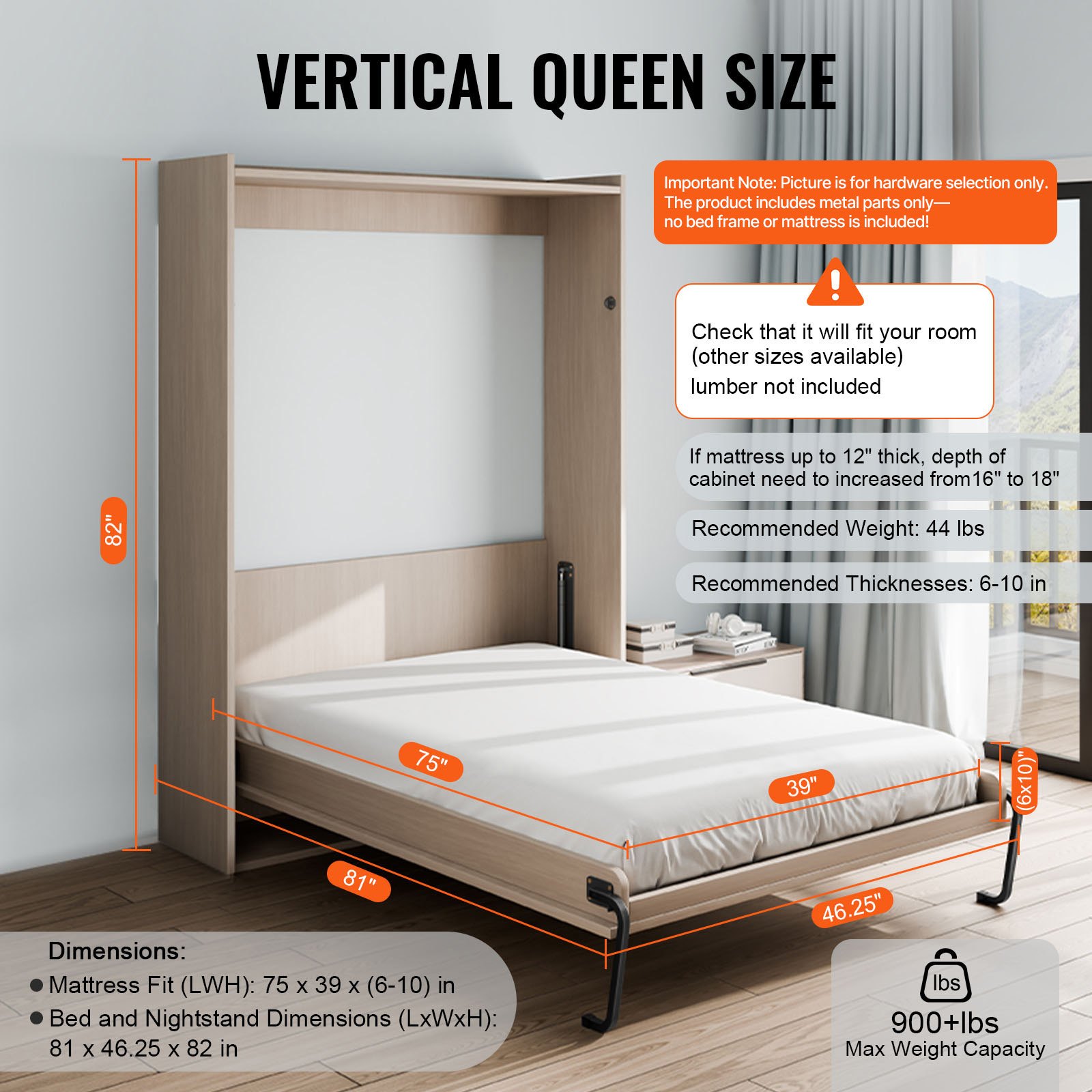 VEVOR Murphy Bed Springs Mechanisme 2055 x 1175 x 2080 mm, Murphy Bed Kit, Twin Deluxe, DIY Kit Mechanische Hardware voor Wandbedden, Pneumatische Hendel Bedondersteuning, Opvouwbare Kast Wandbed