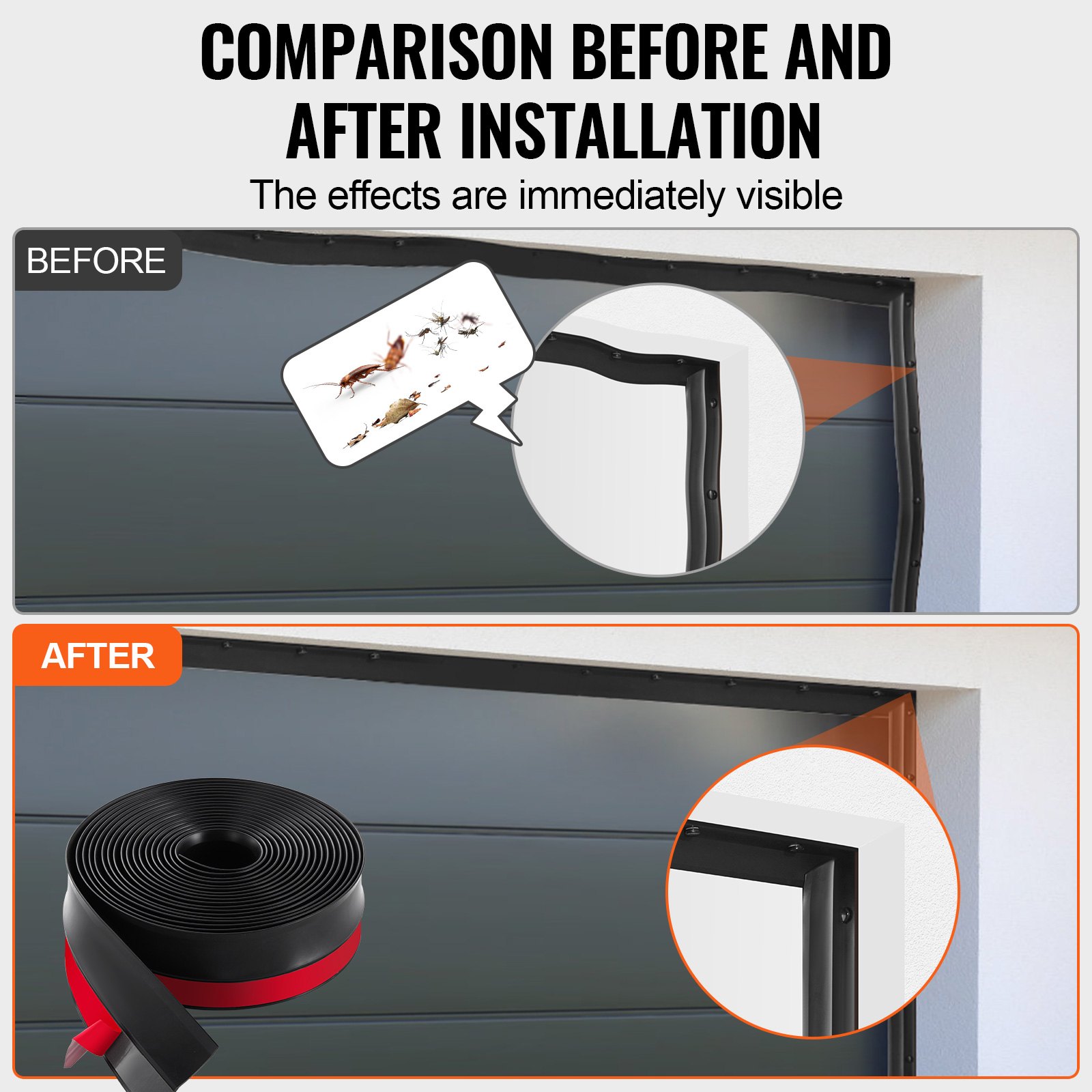 VEVOR Garage Door Seal Top and Sides Seal Strip, 20 FT Universal Weather Stripping Replacement Soft and Hard Composite, Weatherproofing Garage Door TPE Seals with Adhesive Backed and Screws, Black