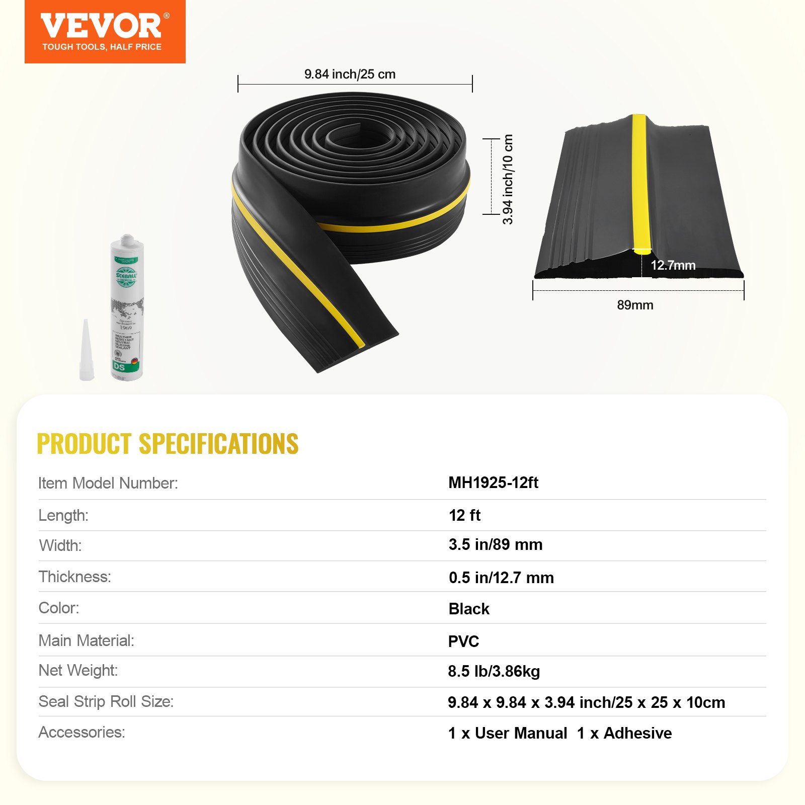 VEVOR Garage Door Threshold Seal Strip, 12 FT Universal Garage Door Floor Seal Strip with Adhesive, Garage Door Bottom Weatherproof Strip, Upgraded Thick PVC DIY Weather Stripping Replacement, Black