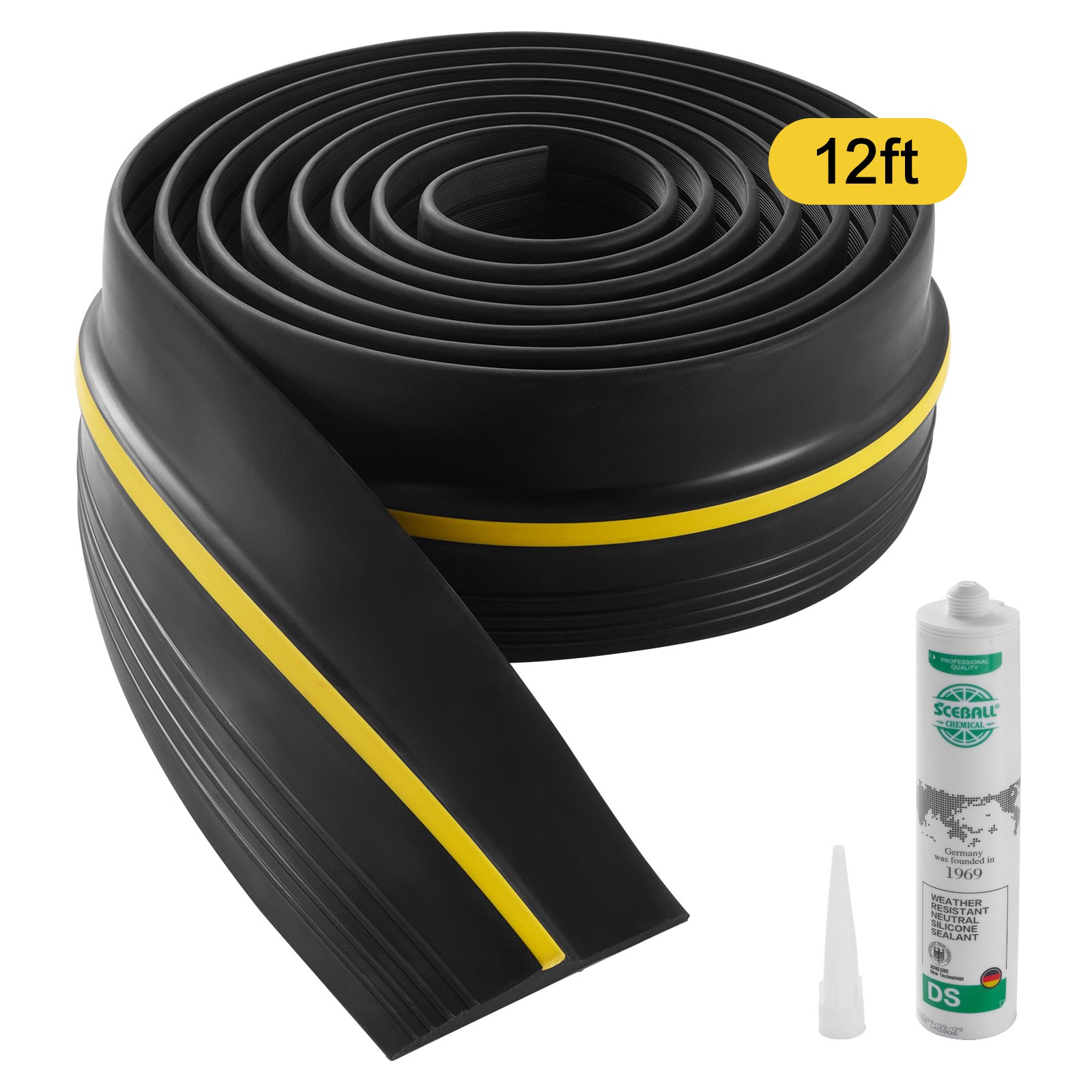 VEVOR Garage Door Threshold Seal Strip, 12 FT Universal Garage Door Floor Seal Strip with Adhesive, Garage Door Bottom Weatherproof Strip, Upgraded Thick PVC DIY Weather Stripping Replacement, Black