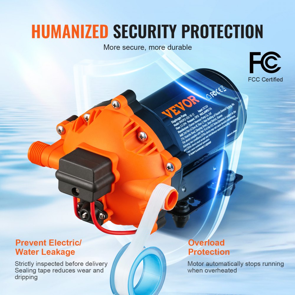 VEVOR Water Diaphragm Pump, 12V DC, 5.5 GPM Flow, 70 PSI Rated Pressure (40-100 PSI Adjustable), 1/2" MNPT Self-Priming Spray Pump with Pressure Switch for RV, Camper, Marine, Boat, Lawn