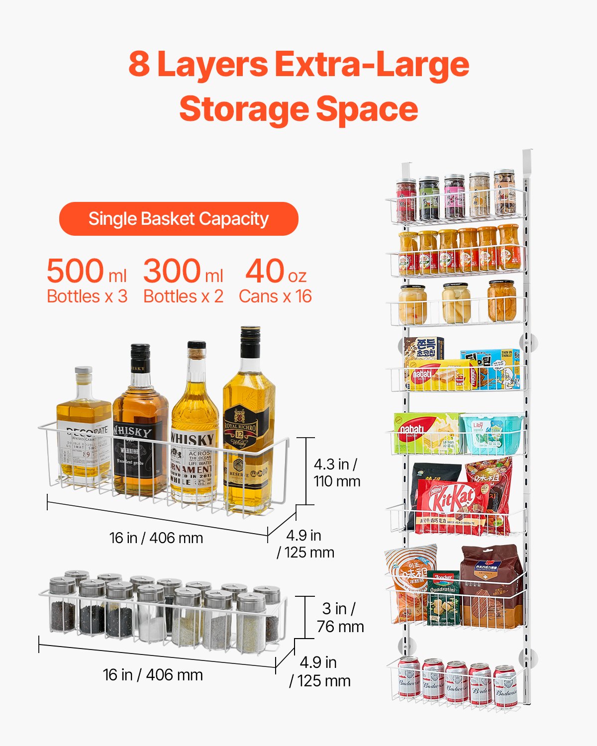 VEVOR Over the Door Pantry Organizer, 8-Tier Pantry Organization and Storage, Heavy-Duty Steel Hanging Spice Rack, Adjustable Wall Seasoning Shelves, for Home Kitchen Laundry Room Bathroom, White