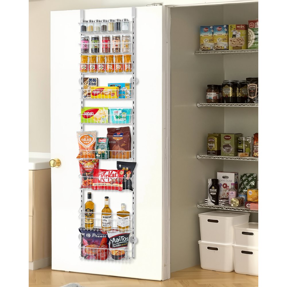 VEVOR Over the Door Pantry Organizer, 9-Tier Pantry Organization and Storage, Heavy-Duty Steel Hanging Spice Rack, Adjustable Wall Seasoning Shelves, for Home Kitchen Laundry Room Bathroom, White