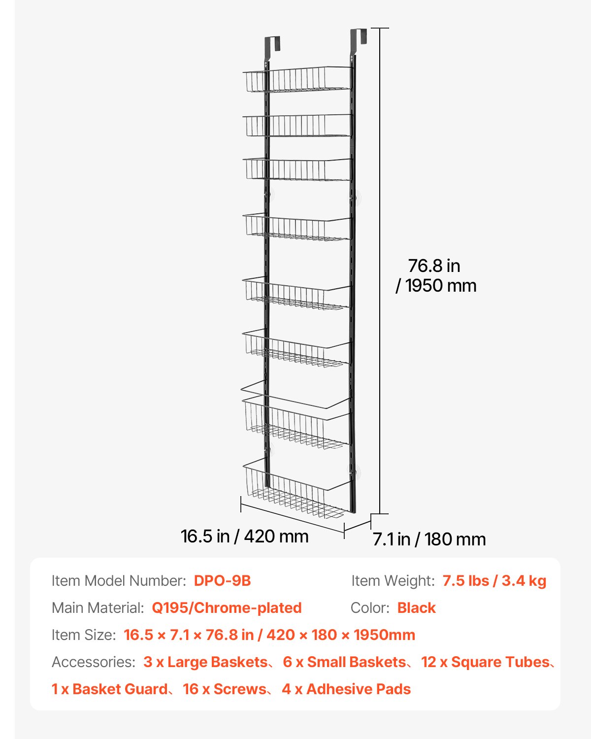 VEVOR Pantrykastorganizer voor boven de deur, 9-laags stalen hangende kruidenrekken, verstelbare wandplanken, voor thuis, keuken en badkamer, zwart
