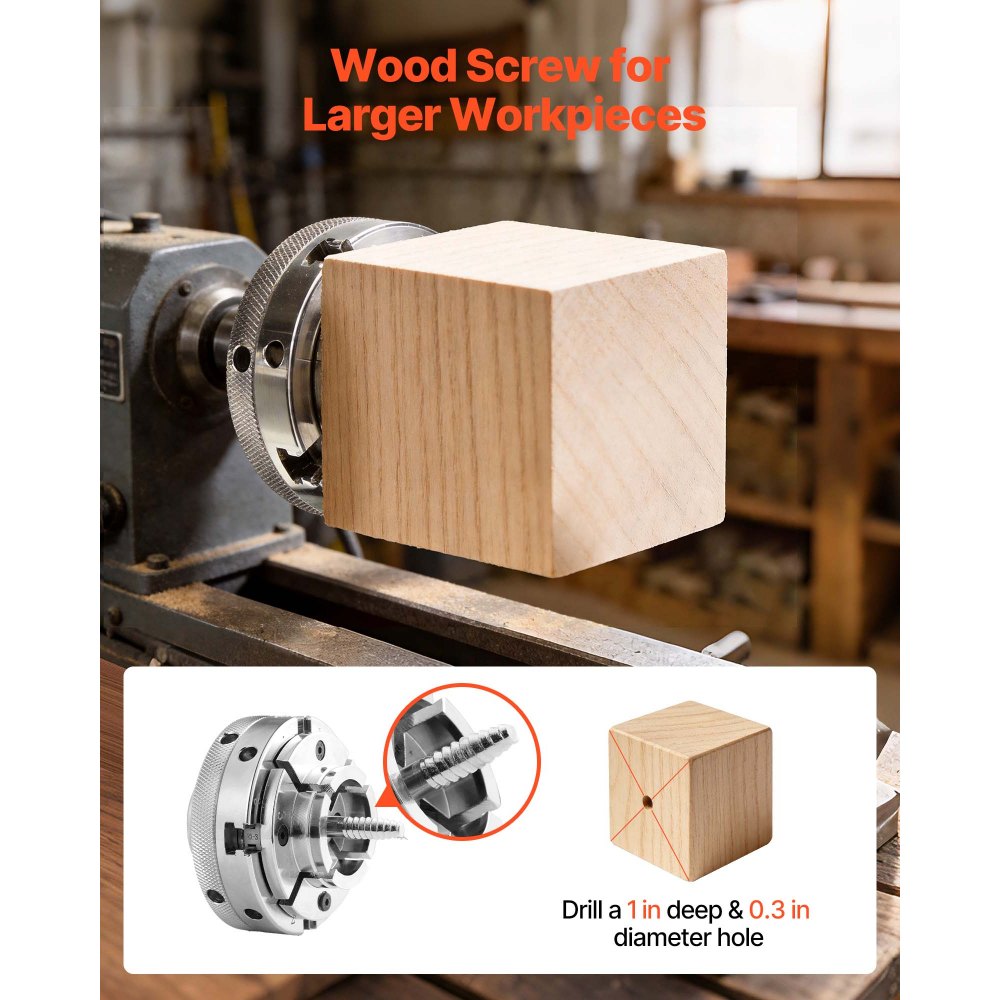 VEVOR 4 Inch Wood Lathe Chuck, 4-Jaw, Self-Centering Wood Turning Chuck Set with 1" x 8TPI Thread & Adapter, Nickel-Plated, High-Hardness Steel, Inside Clamping & Outside Support, for Woodworking