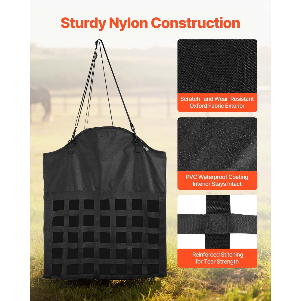 VEVOR hooizak voor paarden, 55x18,5x64 cm, maaswijdte 4,6x4,6 cm, nylon constructie met PVC-coating, verstelbare ophangriemen en metalen haken, hooizak voor langzaam voeren.