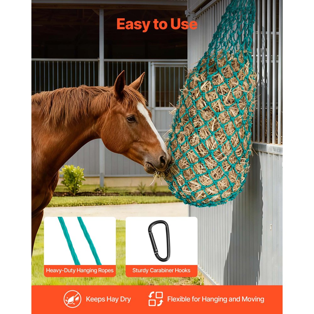VEVOR hooinetten, verpakking van 4 stuks, 0,9 m uitschuifbare lengte, 38x38 mm maaswijdte, hooizak van PE-materiaal, met vier karabijnhaken, voor het langzaam ophangen en eten van hooi voor paarden, schapen, runderen, alpaca's, enz.