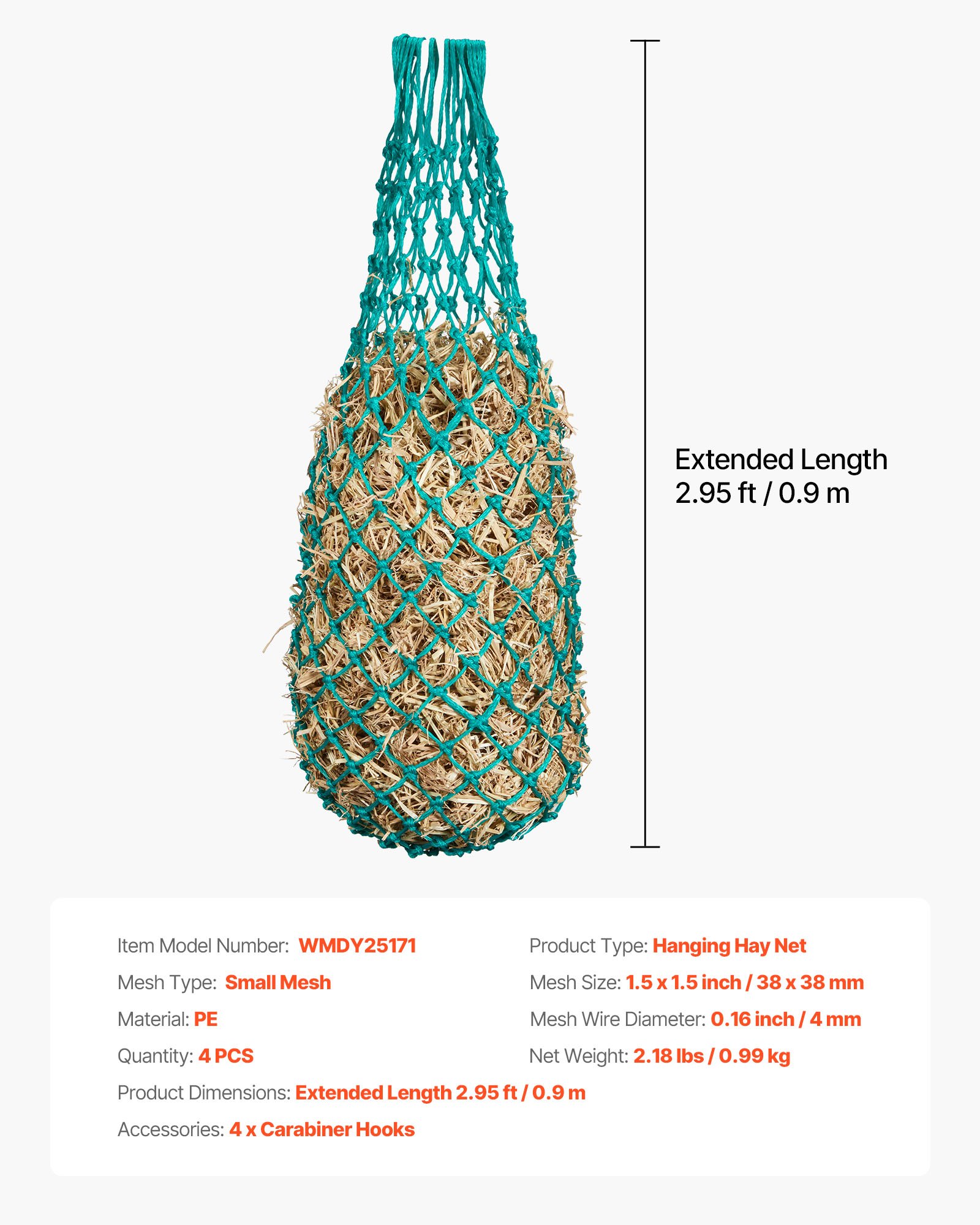 VEVOR hooinetten, verpakking van 4 stuks, 0,9 m uitschuifbare lengte, 38x38 mm maaswijdte, hooizak van PE-materiaal, met vier karabijnhaken, voor het langzaam ophangen en eten van hooi voor paarden, schapen, runderen, alpaca's, enz.