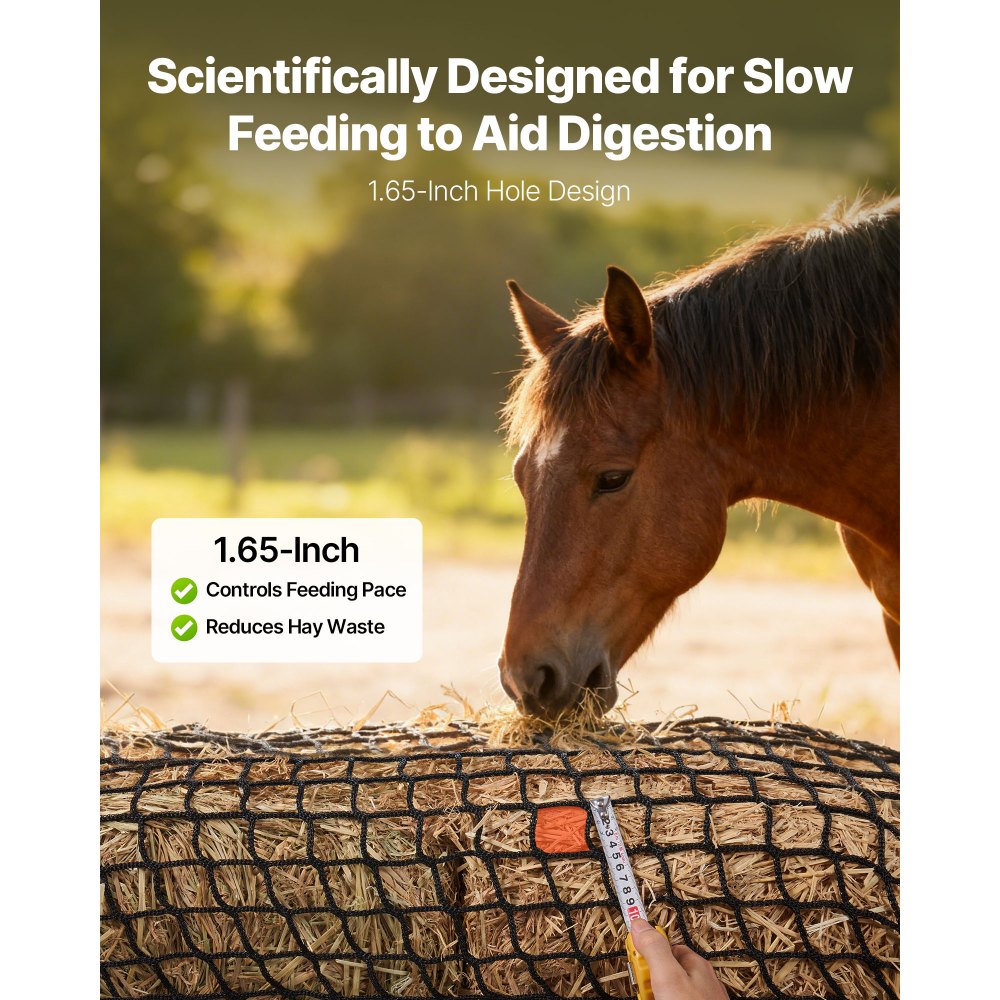 VEVOR Rond hooinet voor balen, 1,8 x 1,8 x 1,8 m, maaswijdte 42 x 42 mm, PE-materiaal, knooploos ontwerp, met kabelbinders, naaldhouder, reparatiekoord en opbergtas, voerbesparend net voor paarden