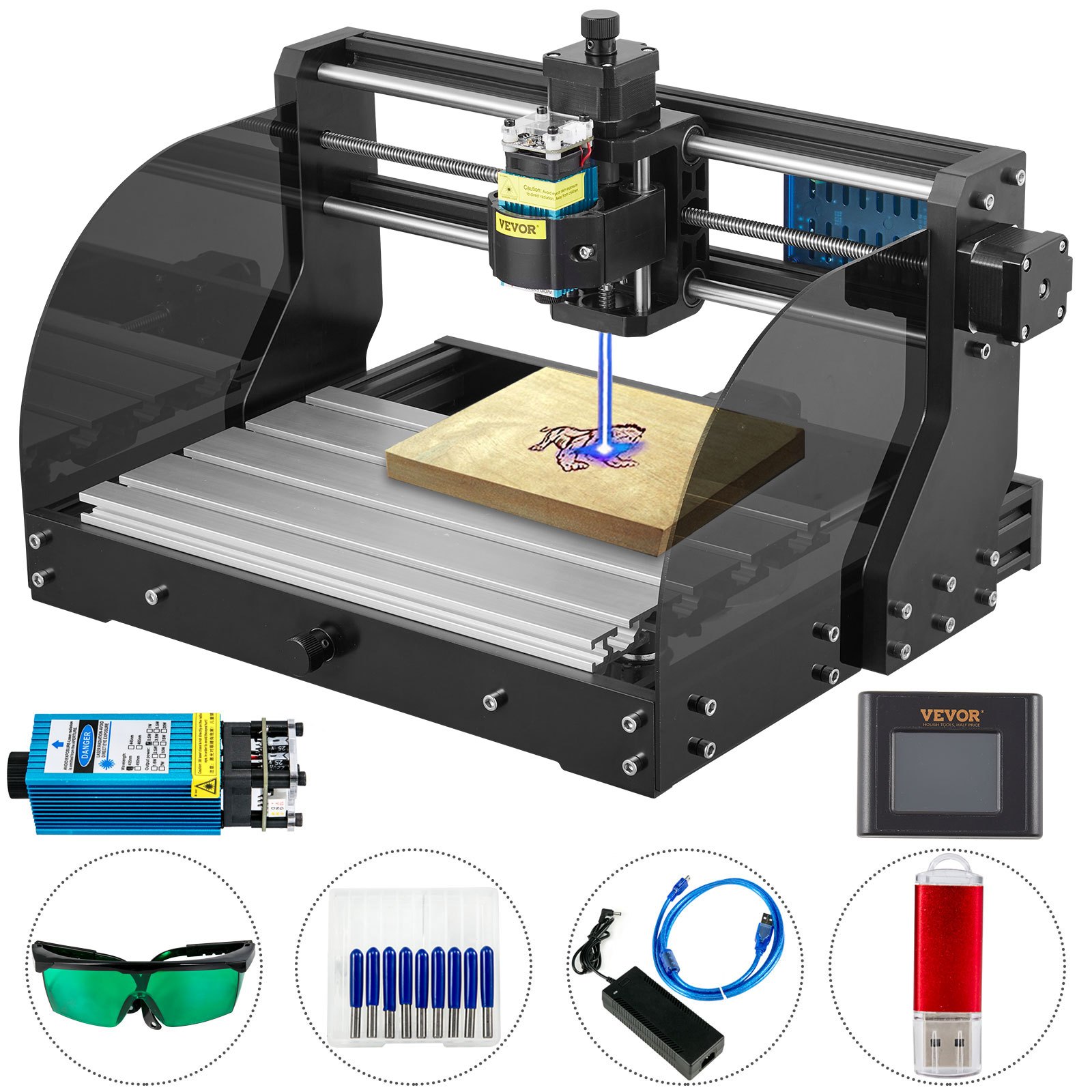 VEVOR CNC 3018 Pro CNC Router 300×180×45mm CNC Machine 500MW GRBL Control Mini Laser Engraver with Offline Controller 3 Axis Laser Engraving Machine for Carving Milling Plastic, Acrylic, PVC, Wood