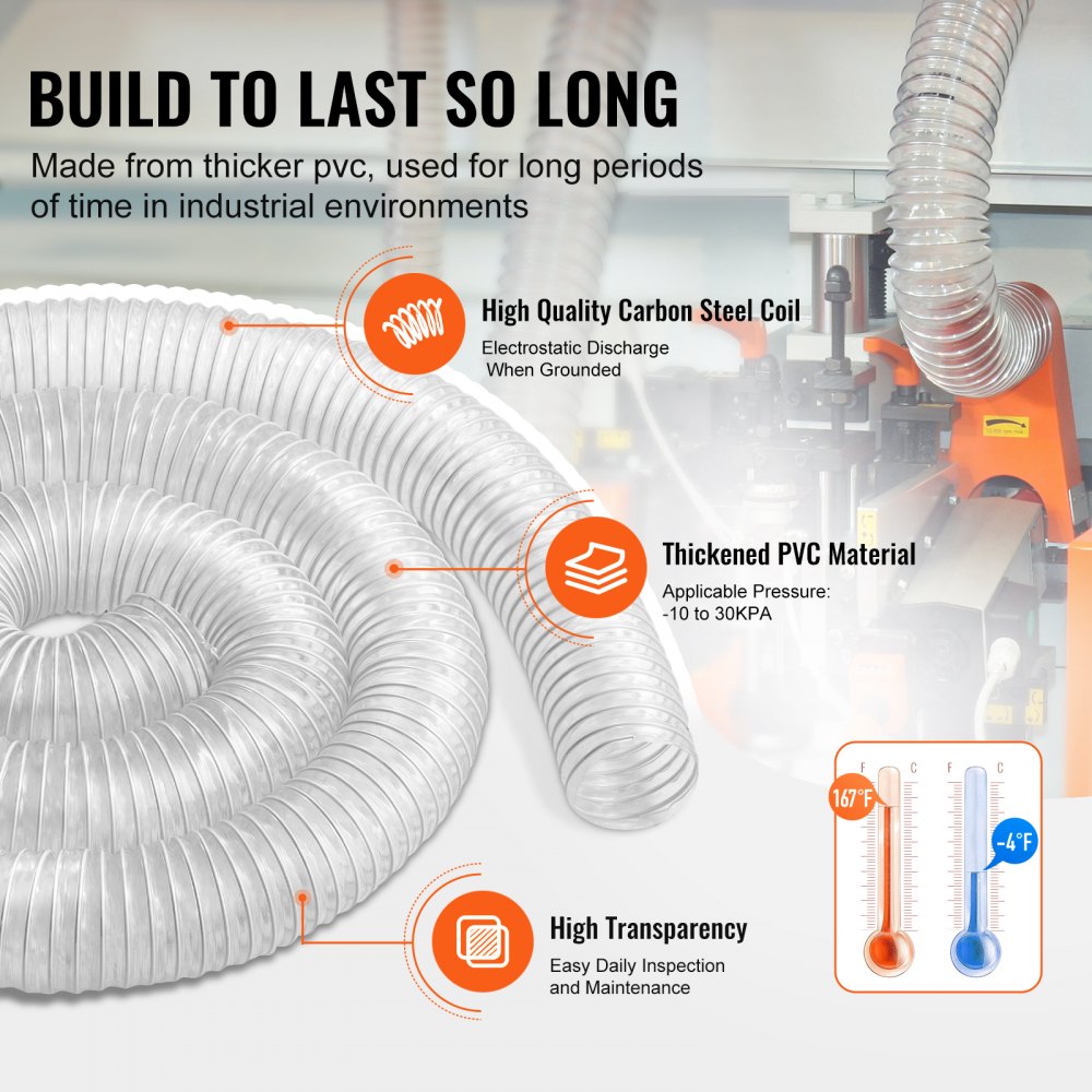VEVOR Dust Collection Hose, 2.5'' x 10', Thickened PVC Material Puncture-Resistant Flexible Clear Hose with Carbon Steel Wire Coil 4 x 304 Stainless Clamps, for Table Saw, Band Saw, Planer, Jointer