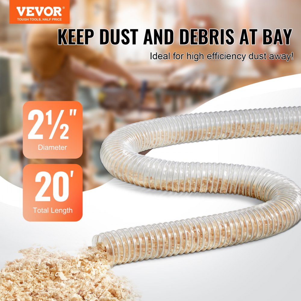 VEVOR Dust Collection Hose, 2.5'' x 20', Thickened PVC Material Puncture-Resistant Flexible Clear Hose with Carbon Steel Wire Coil 4 x 304 Stainless Clamps, for Table Saw, Band Saw, Planer, Jointer