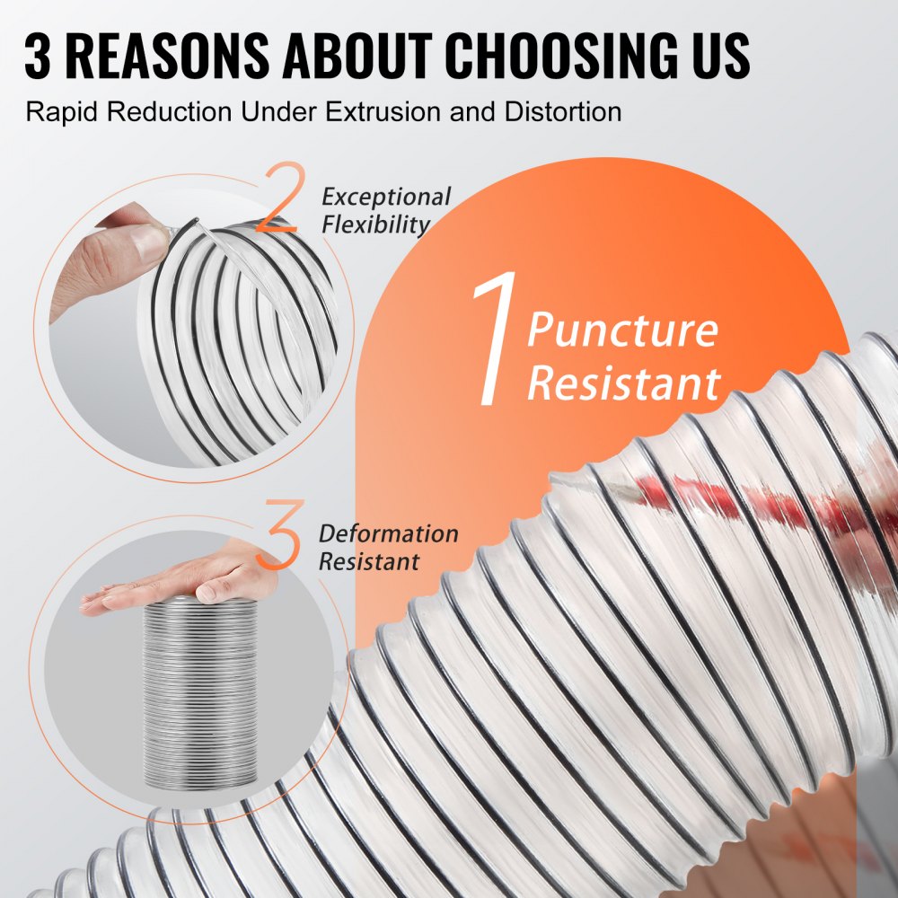 VEVOR Dust Collection Hose, 4'' x 50', Thickened PVC Material Puncture-Resistant Flexible Clear Hose with Carbon Steel Wire Coil 4 x 304 Stainless Clamps, for Table Saw, Band Saw, Planer, Jointer