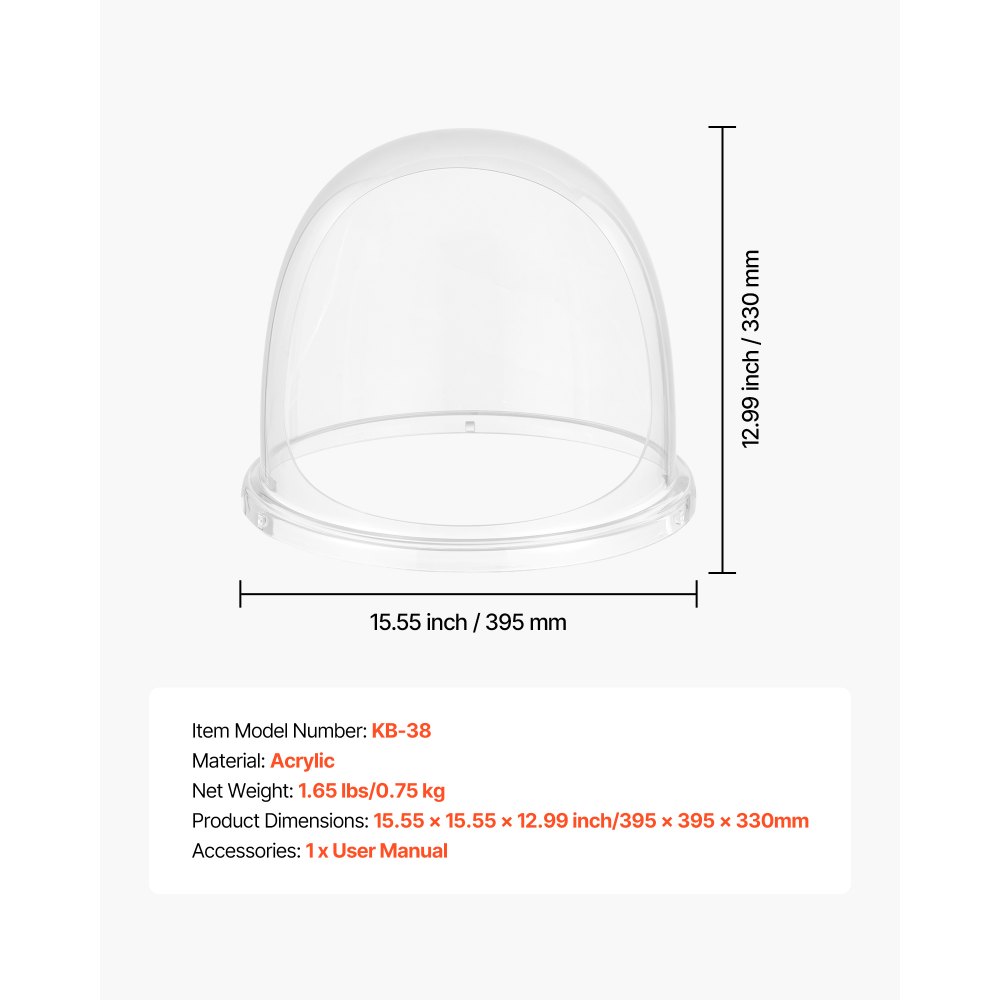 VEVOR Hoes voor Suikerspinmachine, Transparante Acryl Koepel, Bubble Cover Compatibel met Suikerspinmachinekommen van 38 cm (15 inch) voor Feesten en Winkels, Ontwerp met Gegroefde Bodem