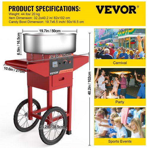 VEVOR Elektrische Suikerspinmachine Commerciële Suikerspinmachine Met Kar 1000w Met 52cm Rvs Kom Amp Suikerschep Amp Lade Perfect Voor Kinderfeestjes Familiefeestjes Rood