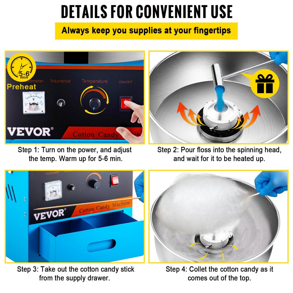 VEVOR Blue Candy Floss Maker 21 Inch Stainless Steel Bowl Commercial Cotton Candy Machine Stainless Steel Cotton Candy Maker Blue with Sugar Scoop for Various Parties