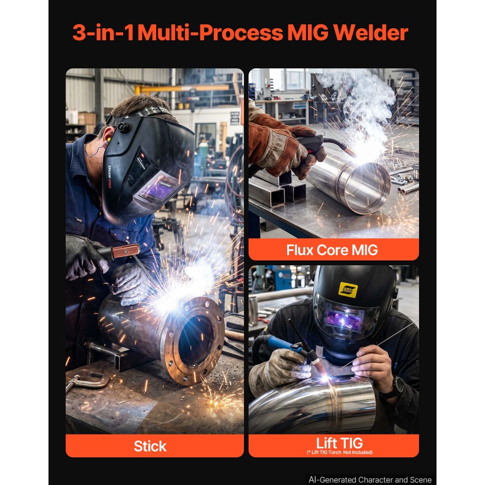 VEVOR 145A MIG-lasapparaat 3-in-1 Lift-TIG/Gasloos gevuld draad/MMA-lassen, draagbaar lasapparaat voor werkplaats, garage, doe-het-zelf, IGBT-inverter, Synergy Control, digitaal display, overbelastingsbeveiliging
