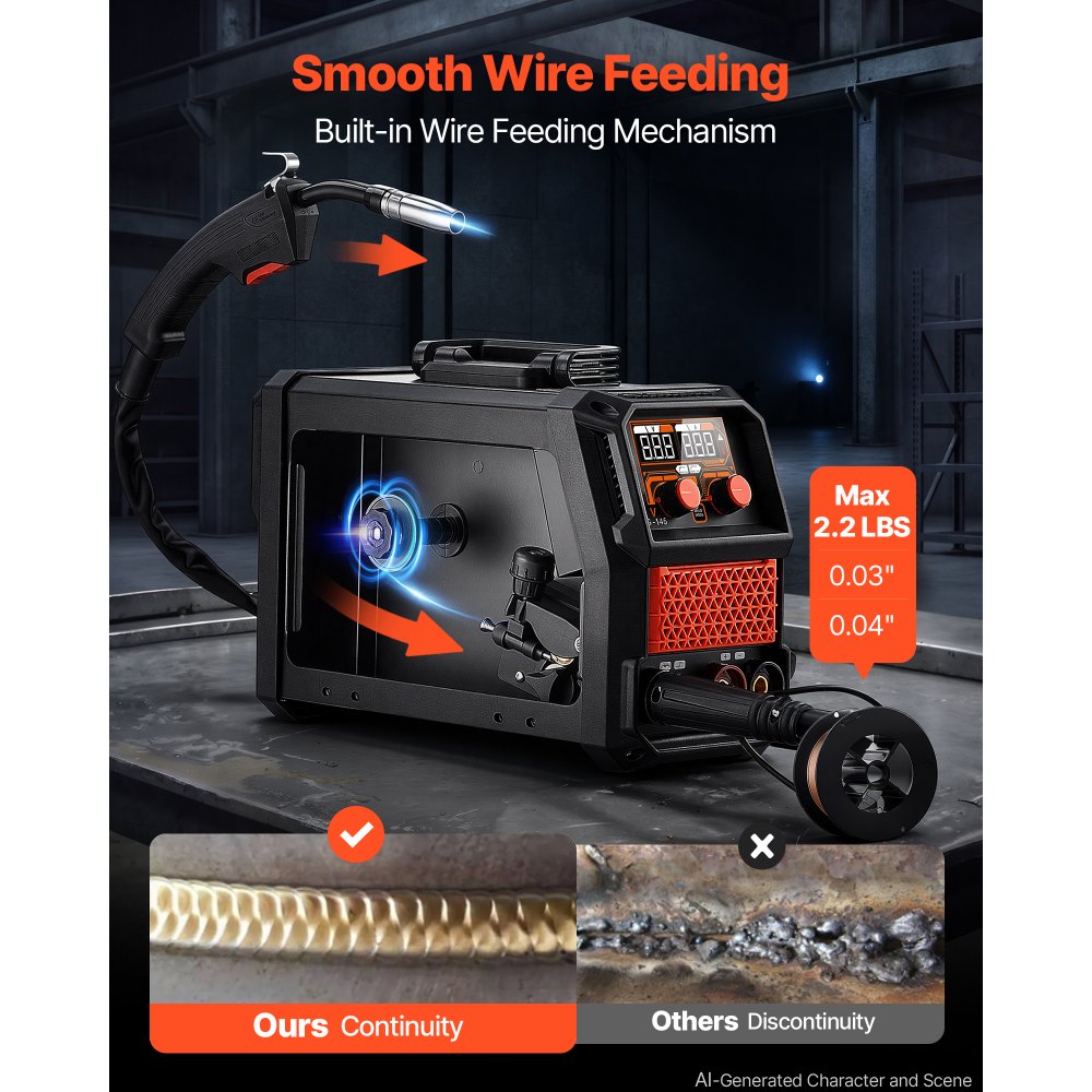 VEVOR 145A MIG-lasapparaat 3-in-1 Lift-TIG/Gasloos gevuld draad/MMA-lassen, draagbaar lasapparaat voor werkplaats, garage, doe-het-zelf, IGBT-inverter, Synergy Control, digitaal display, overbelastingsbeveiliging